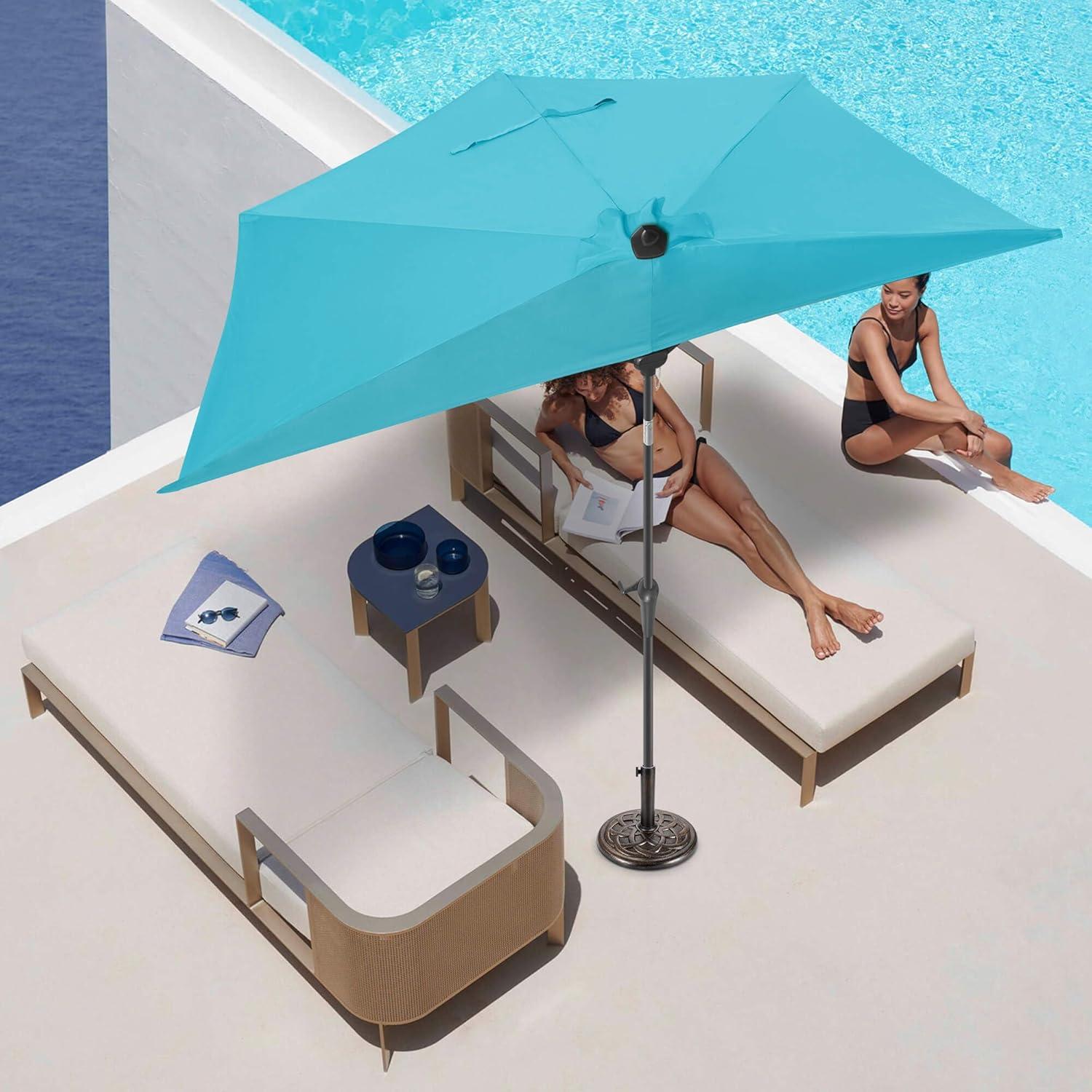 FLAME&SHADE 9 ft Half Round Solar Powered Outdoor Market Patio Table Umbrella for Wall Balcony with LED Lights and Tilt, Aqua Blue