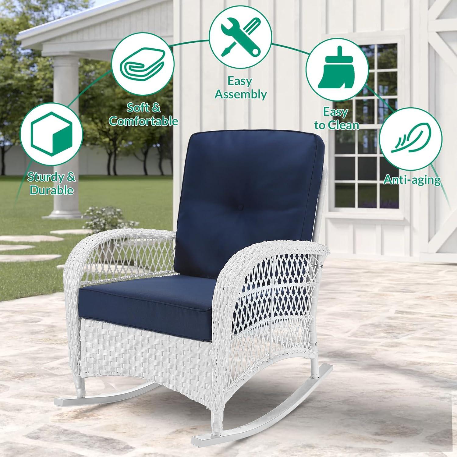 Beachcrest Home™ Beachcrest Home Outdoor Wicker Rocking Chairs Set Of 2, Rattan Patio Rocker Chairs With Thick Cushions And High Back, All-Weather Patio Wicker Chair With Safe Rocking Design For Garden, White Wicker