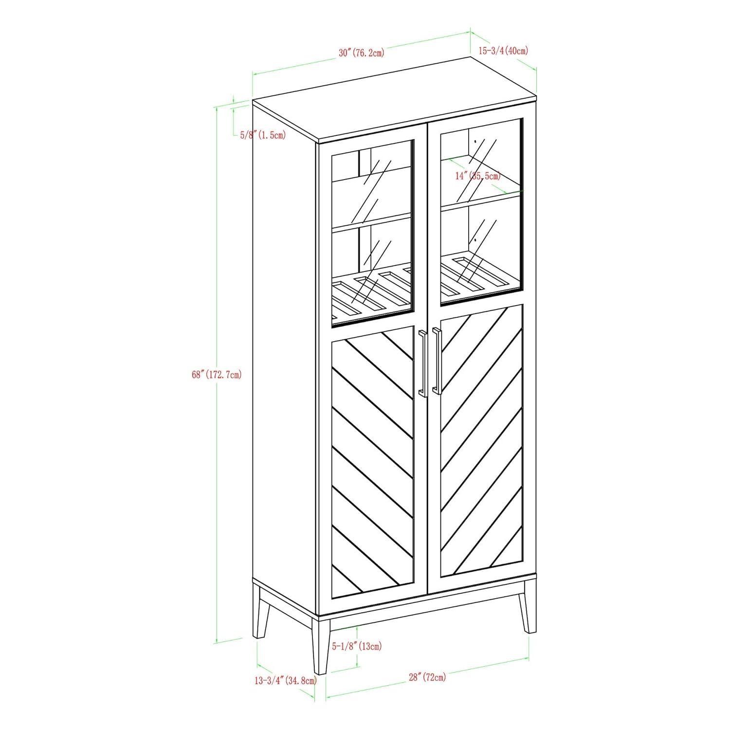 Walker Edison Emma Boho Chevron 2 Door Glass Window Hutch with Bottle Storage, 68 Inch, Dark Walnut