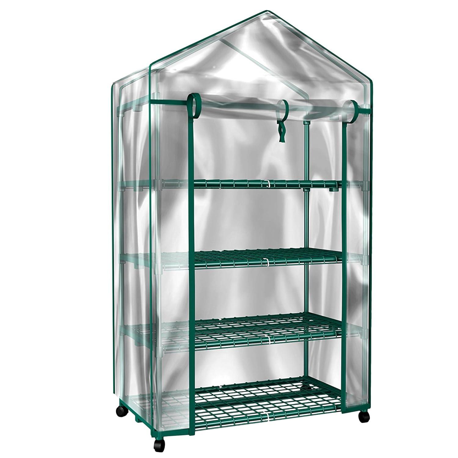 Pure Garden 4-Tier Greenhouse with Wheels – Indoor/Outdoor Plant Stand with PVC Cover & Shelves