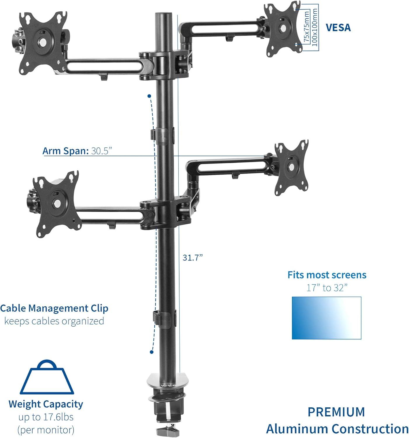 Aluminum Quad Monitor Desk Mount with Articulating Arms