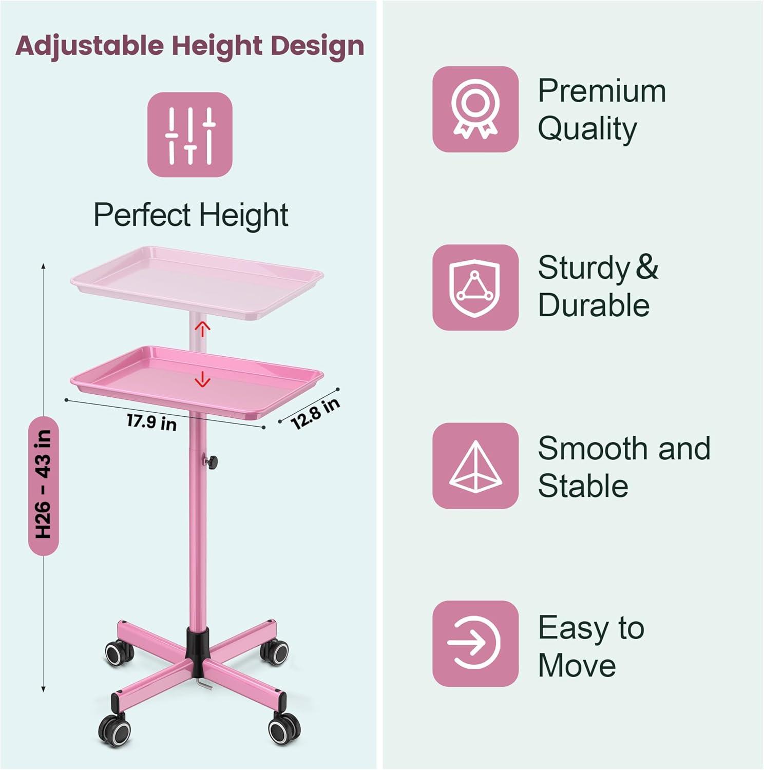 Salon Tray,Height Adjustable Salon Service Rolling Cart,Hair Color Tray with Wheels,Pink