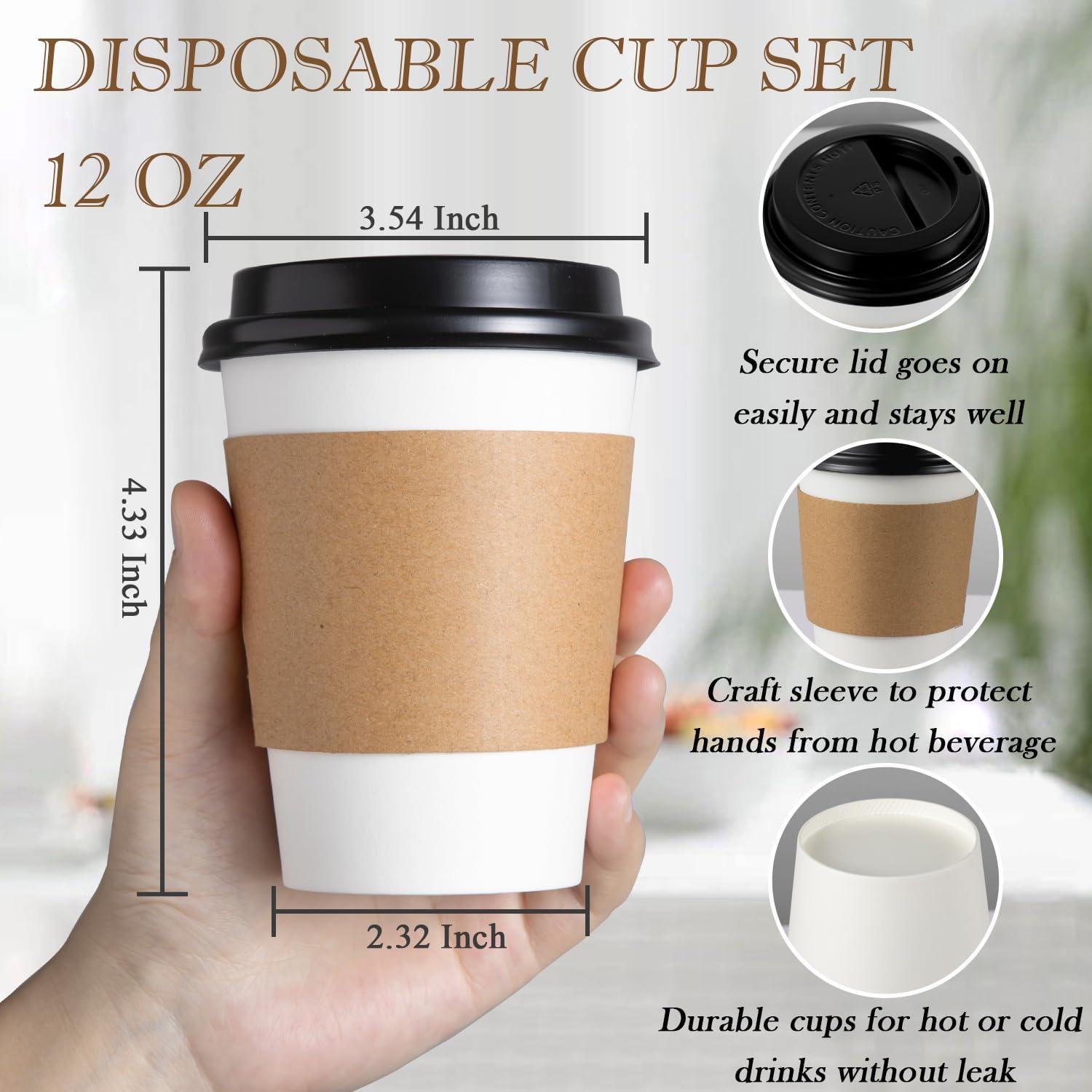 GUSTO 12 Oz Paper Cups Disposable Coffee Cups with Lids & Coffee Sleeves, 100 Sets