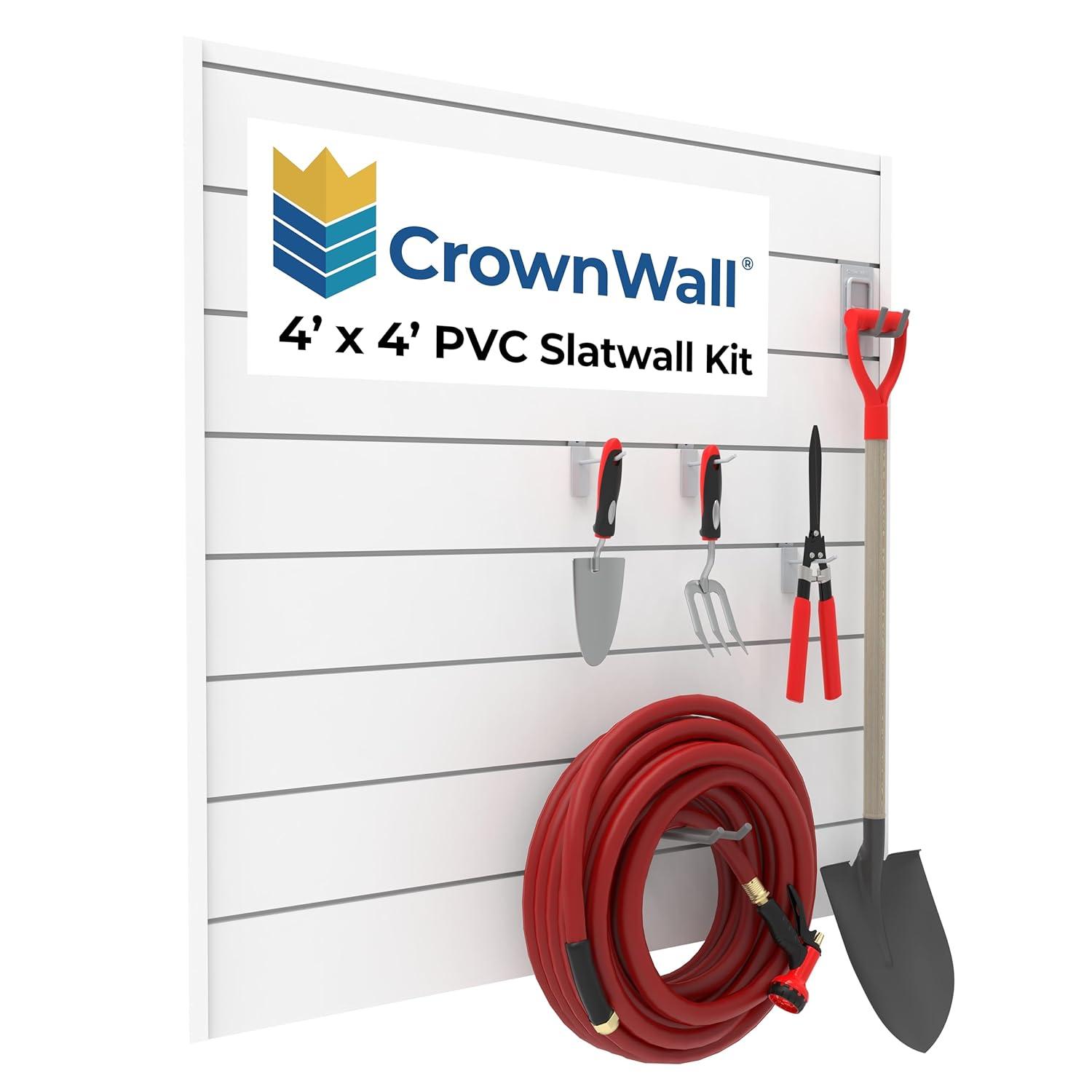 CrownWall PVC Slat Wall Panels Garage Wall and Home Organizer Storage System  | 4ft by 4ft (Set of 8)