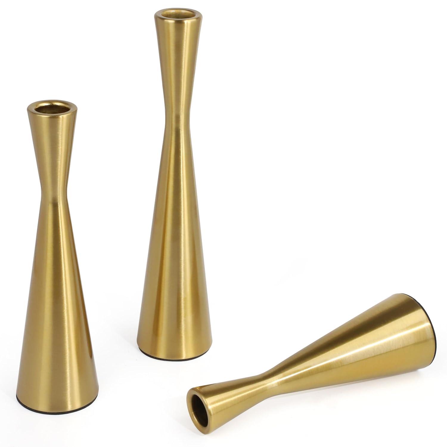 Vixdonos Brass Gold Taper Candle Holders Metal Candlestick Holders Set of 3 Table Mantel Decorative Candle Stand for Dinning,Party，Wedding,Home Decor(Brass Gold)