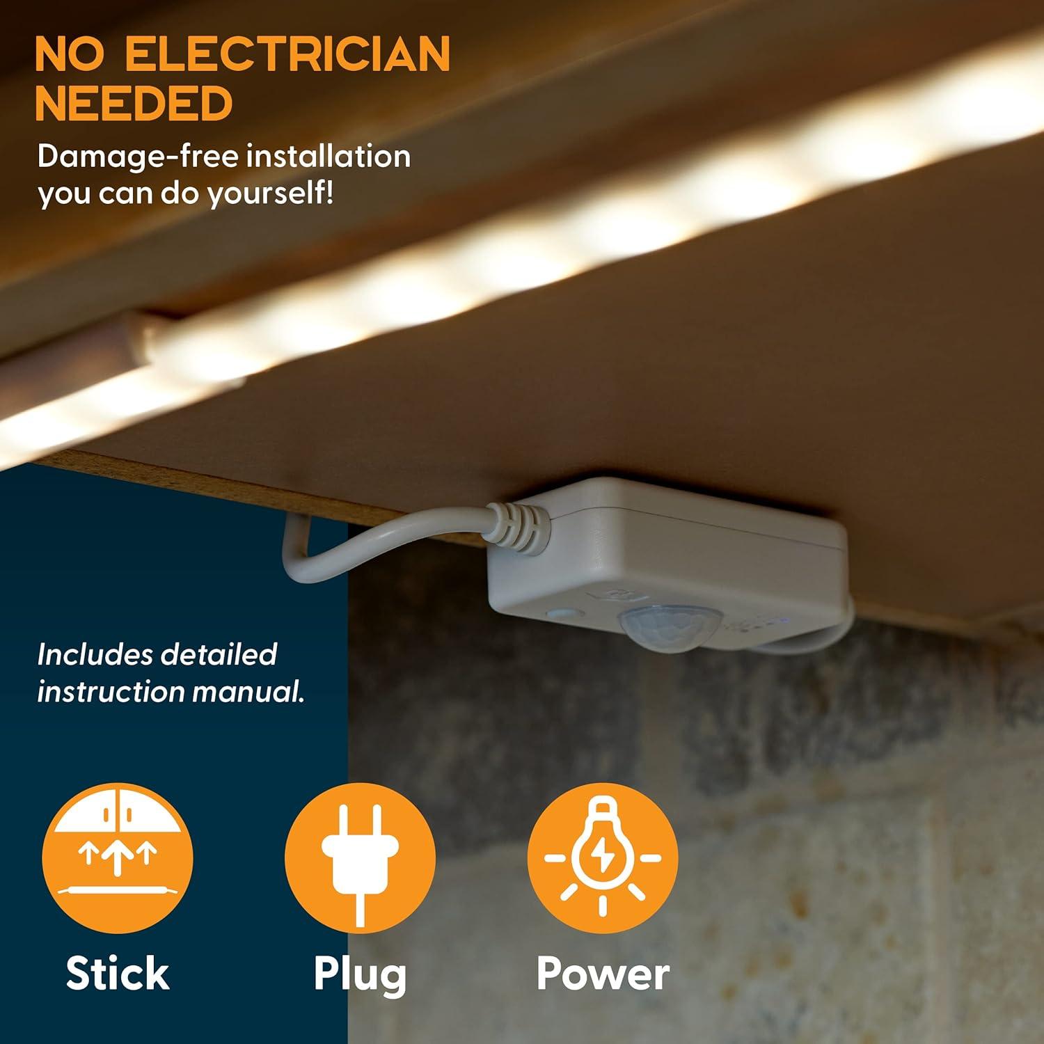 Power Practical Under Cabinet LED Light Kit for Kitchen - 3 Lighting Strips, Power Supply, Motion Sensor, Mounting Brackets for Lights, Manual