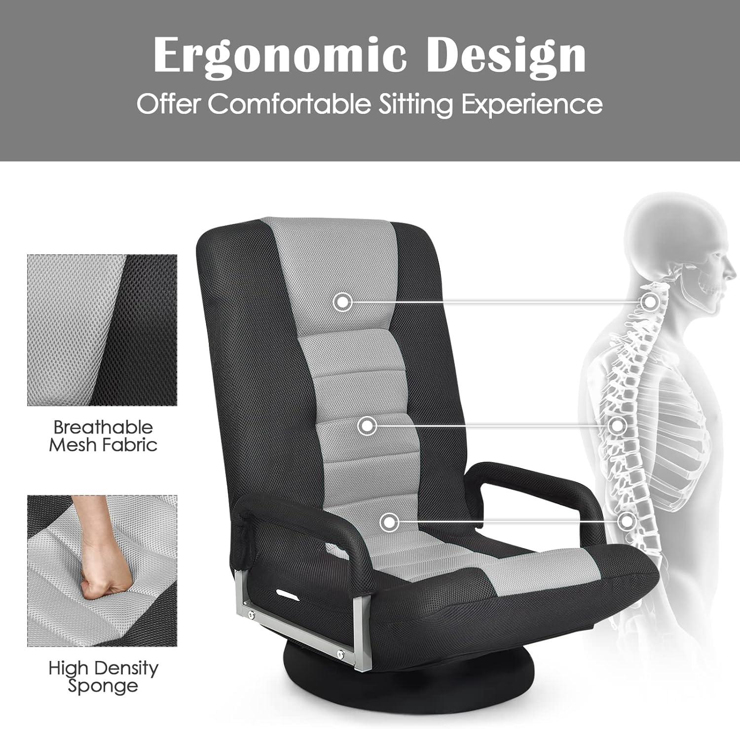 360-Degree Swivel Gaming Floor Chair with Foldable Adjustable Backrest Grey