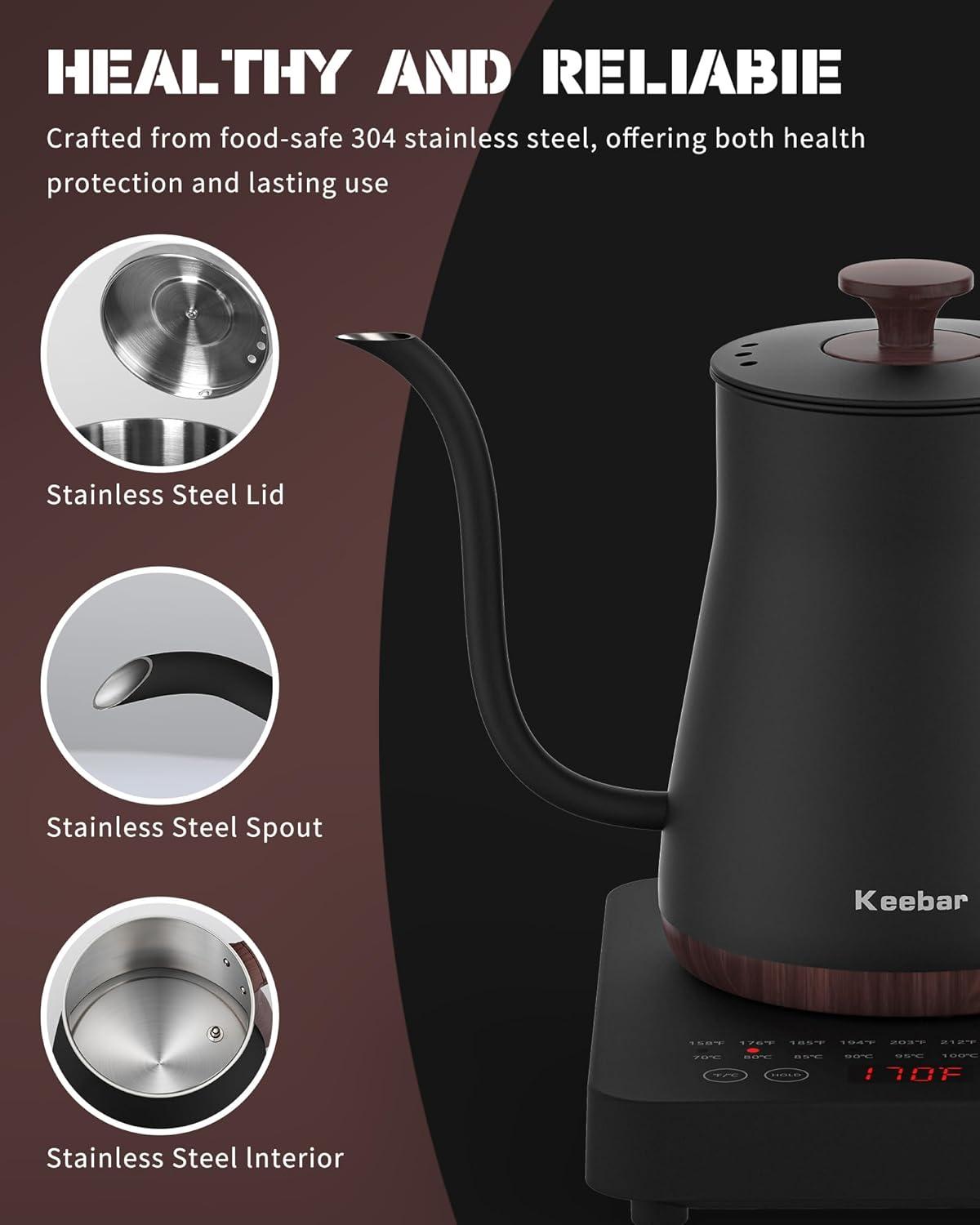 MARLIN MANUFACTURING COMPANY, INCORPORATED Electric Kettle, Electric Gooseneck Kettle With 6 Temperature Control Presets And LED Display, 0.8L/27.05Oz, 0.8Mm Ultra-Fine Spout, 304 Stainless Steel Inner, 1000W Gooseneck Kettle, Matte Black