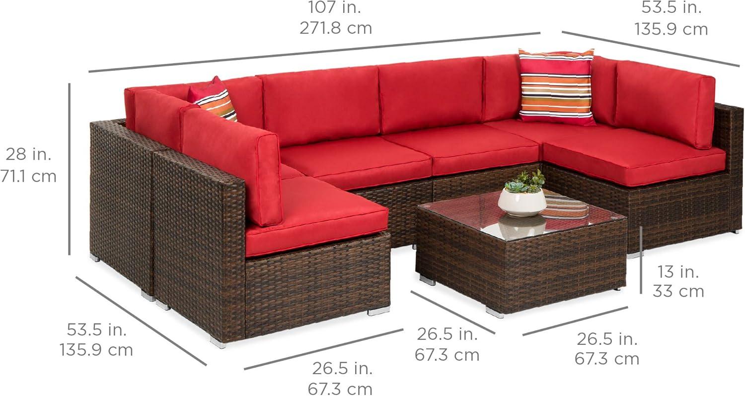 7-Piece Brown Wicker Outdoor Sectional Set with Red Cushions