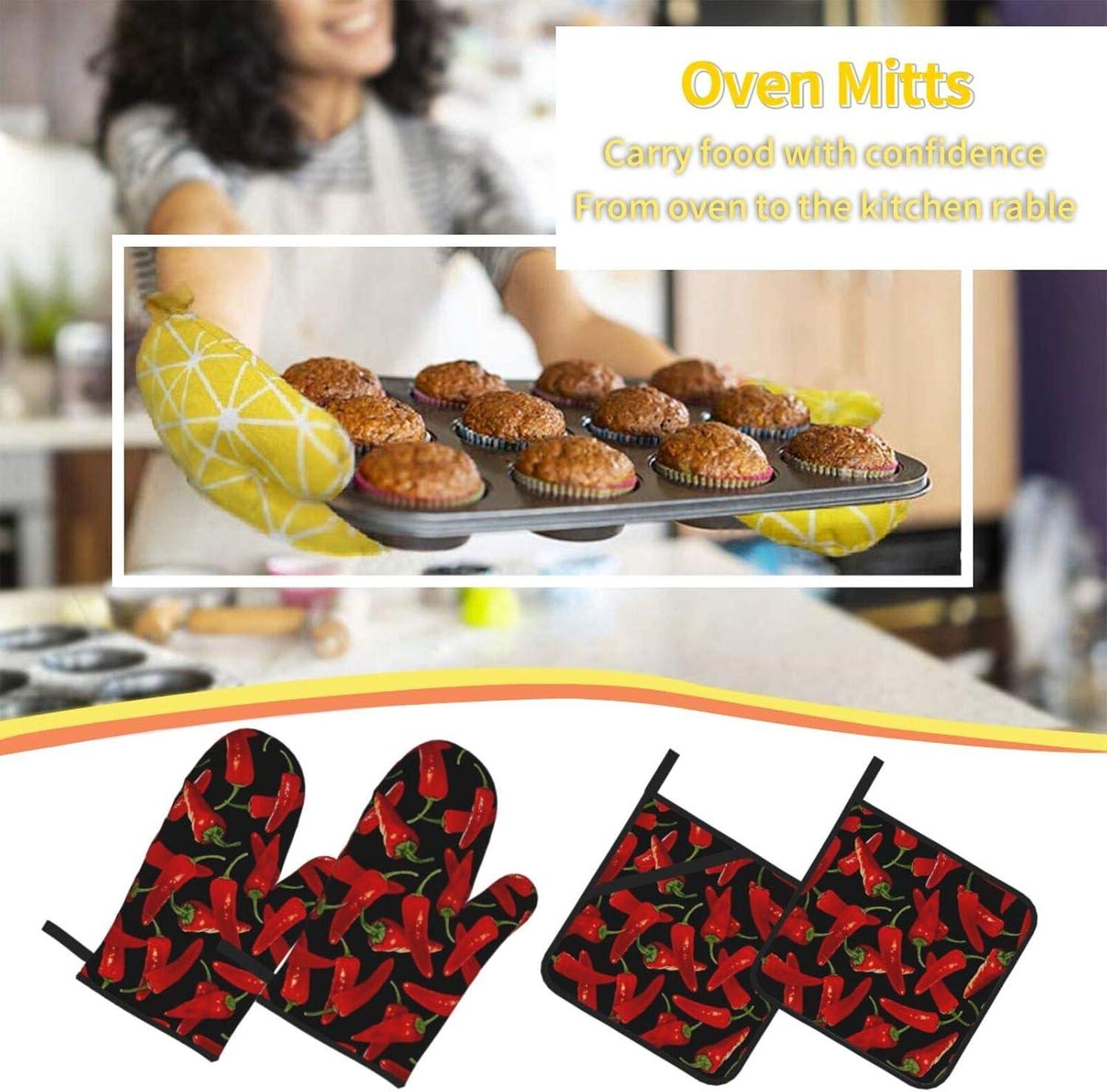 Chili Peppers Chili Oven Mitts and Pot Holders Sets of 4 Resistant Hot Pads with Non-Slip BBQ Gloves for Kitchen Cooking Baking