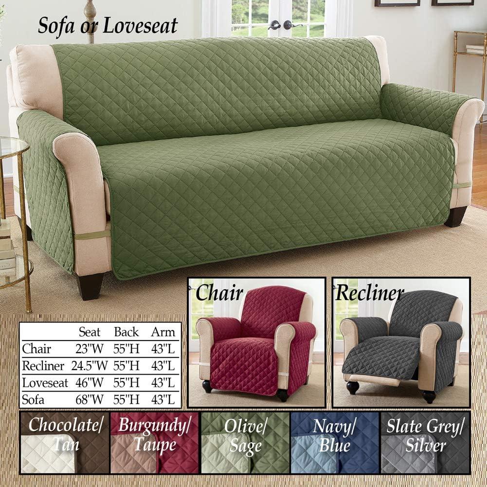 Collections Etc Reversible Spill Resistant Quilted Furniture Protector Cover with Ties - Covers Seat Bottom, Seat Back and 2 Seat Arms, Olive/Sage, Sofa