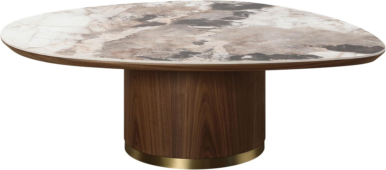 Wood Coffee Table with Ceramic Top & Walnut Finish, Irregular Shaped Coffee Table with Wooden Bases for Living Room