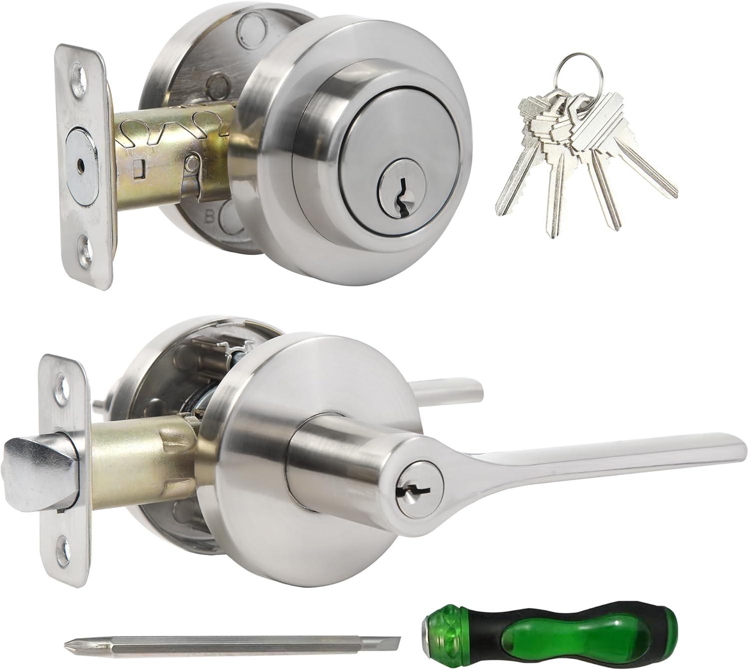 Brushed Nickel Round Stainless Steel Entry Knob and Deadbolt Set