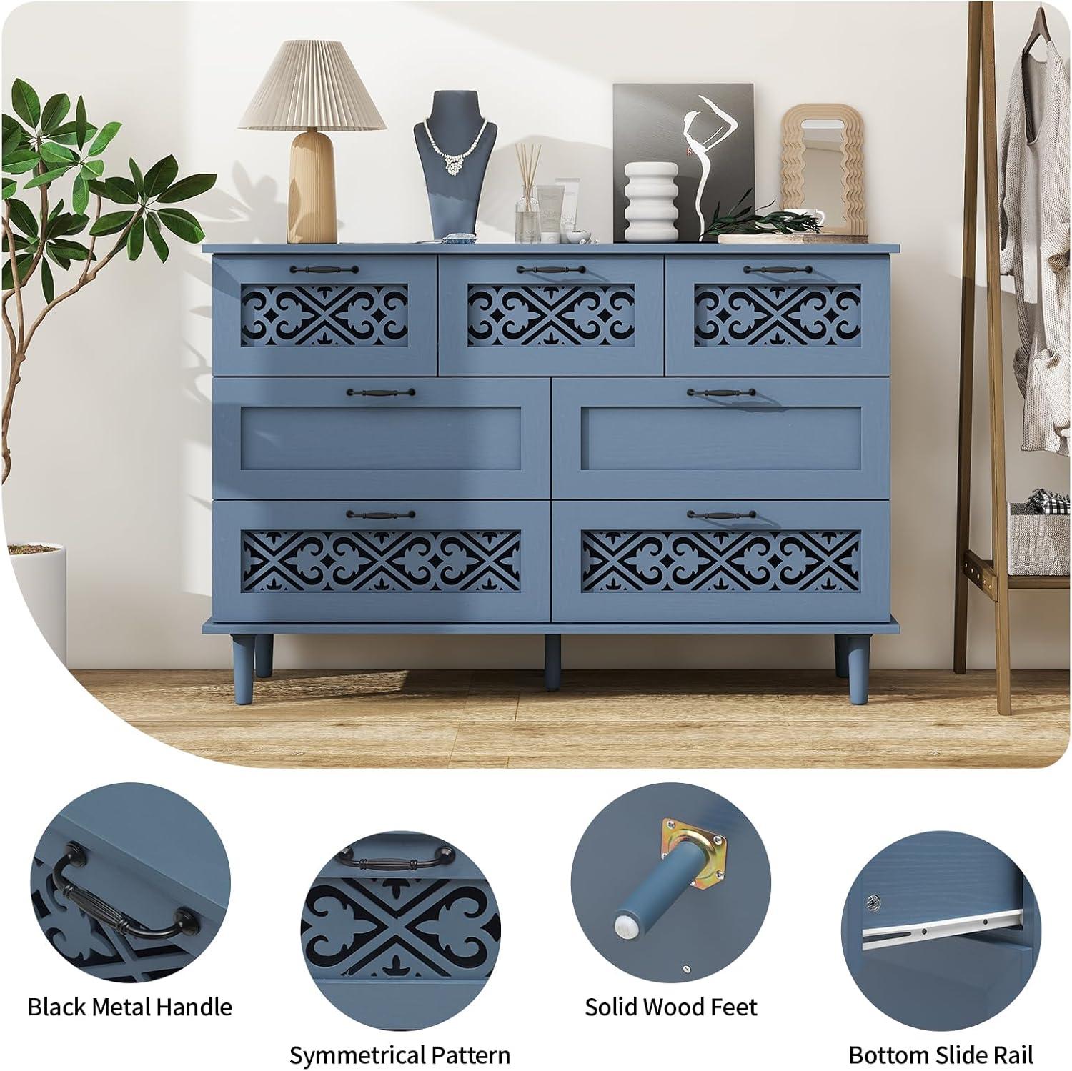 Sideboard Buffet Cabinet with Storage - Accent Storage Cabinet with Hollow Carved Pattern, Modern 2 Door 3 Drawer Cabinet, Farmhouse Wood Credenza for Living Room, Dining Room (Blue)