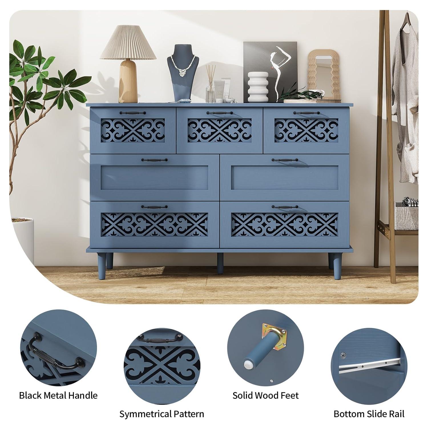 Sideboard Buffet Cabinet with Storage - Accent Storage Cabinet with Hollow Carved Pattern, Modern 2 Door 3 Drawer Cabinet, Farmhouse Wood Credenza for Living Room, Dining Room (Blue)