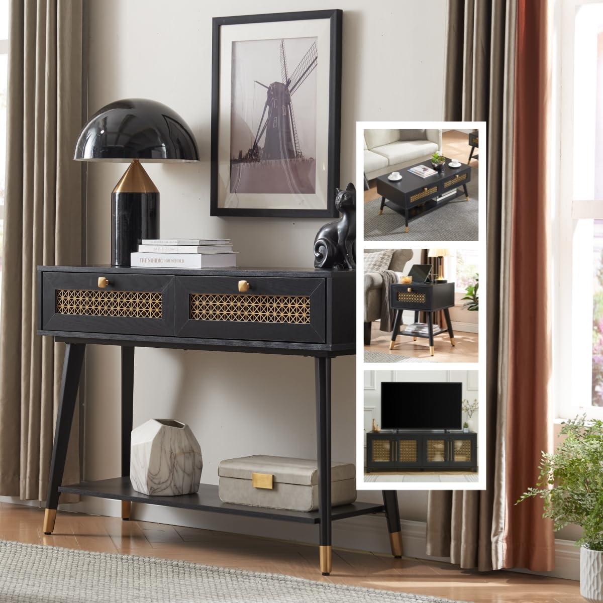 JYED Mid Century Modern Console Table with Gold Accent - 66" Entryway Table with Drawers, Faceted Taper Legs & Ventilated Storage for Hallway (Black)
