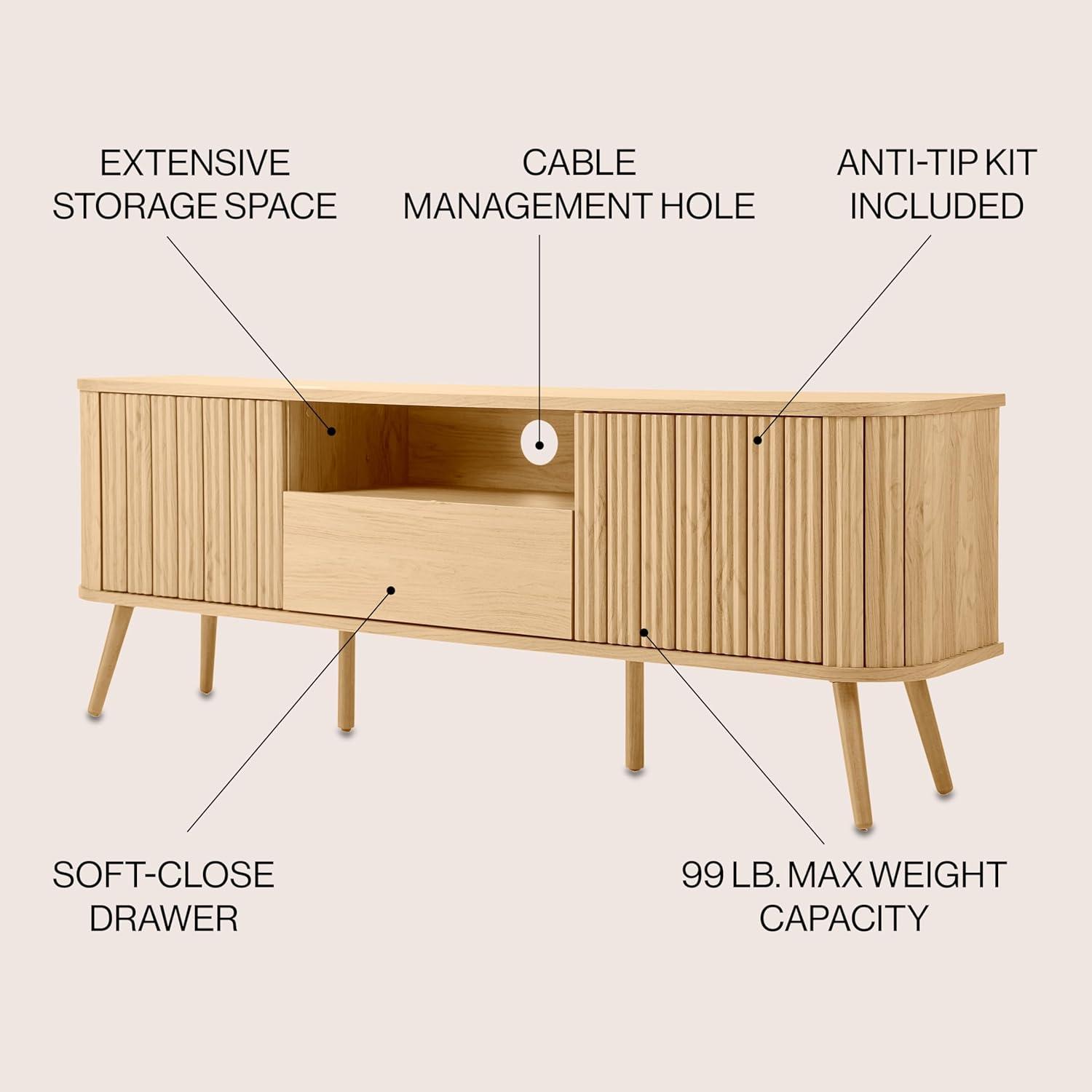 JONATHAN Y TVS1001A Damien 70 in. Farmhouse Curved TV Stand with Drawer and Storage Doors Fits TVs up to 75 in. with Cable Management