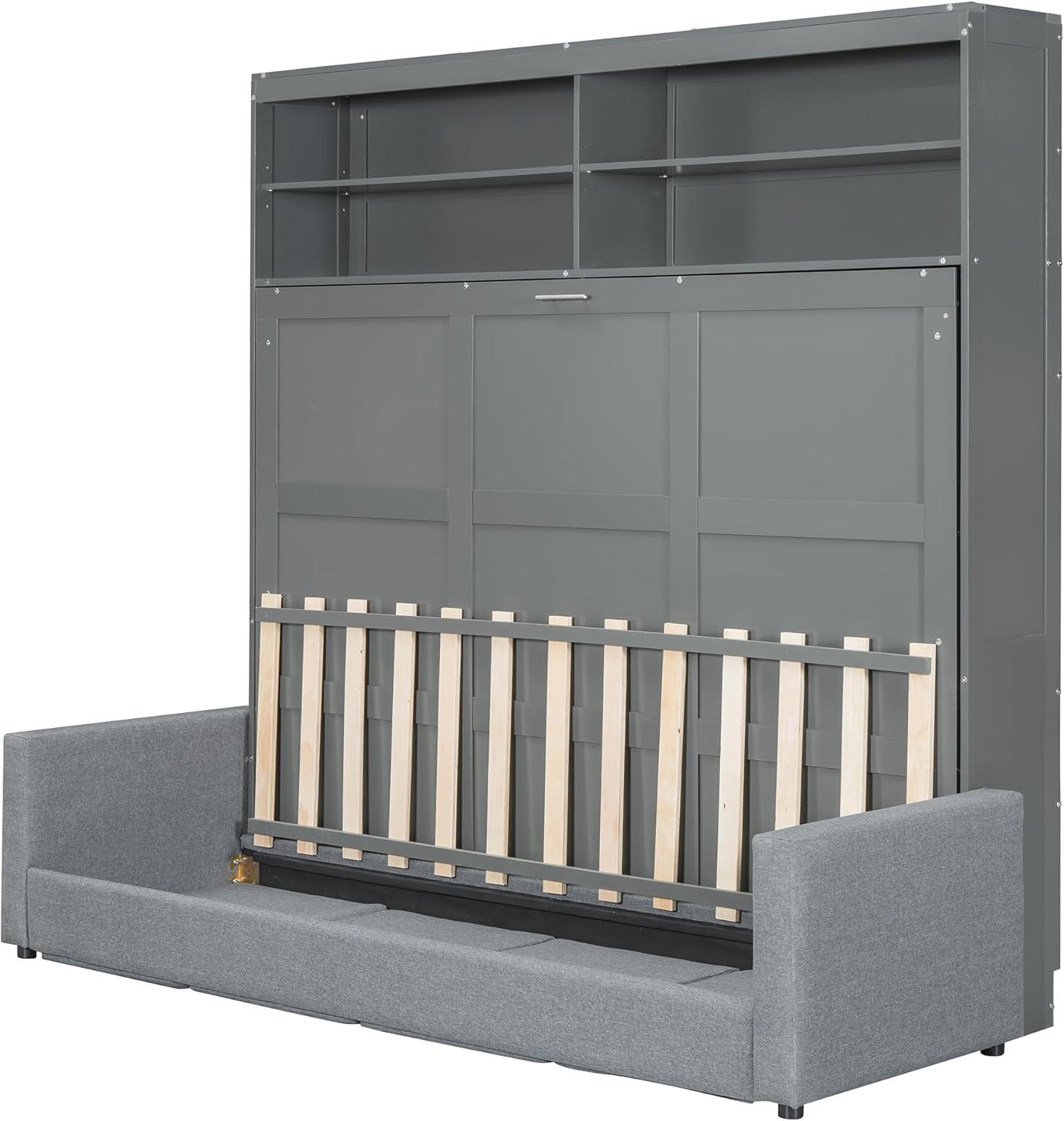 Harper & Bright Designs Queen Size Murphy Bed with Cushion and Storage Shelves, Wood Queen Platform Bed with Sofa, Wall Bed, Hidden Foldable Bed Frame for Home Office or Small Room,Gray