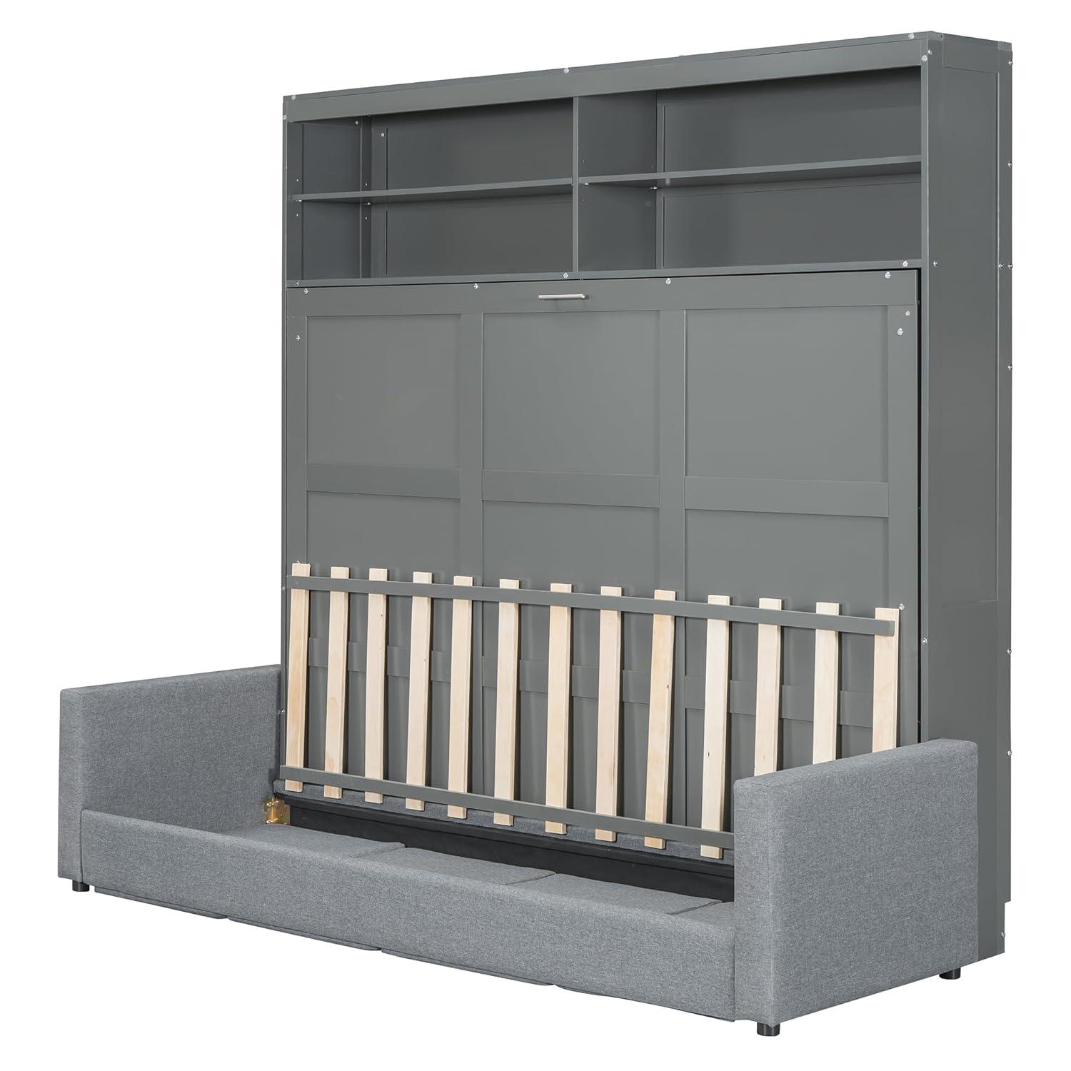 Harper & Bright Designs Queen Size Murphy Bed with Cushion and Storage Shelves, Wood Queen Platform Bed with Sofa, Wall Bed, Hidden Foldable Bed Frame for Home Office or Small Room,Gray