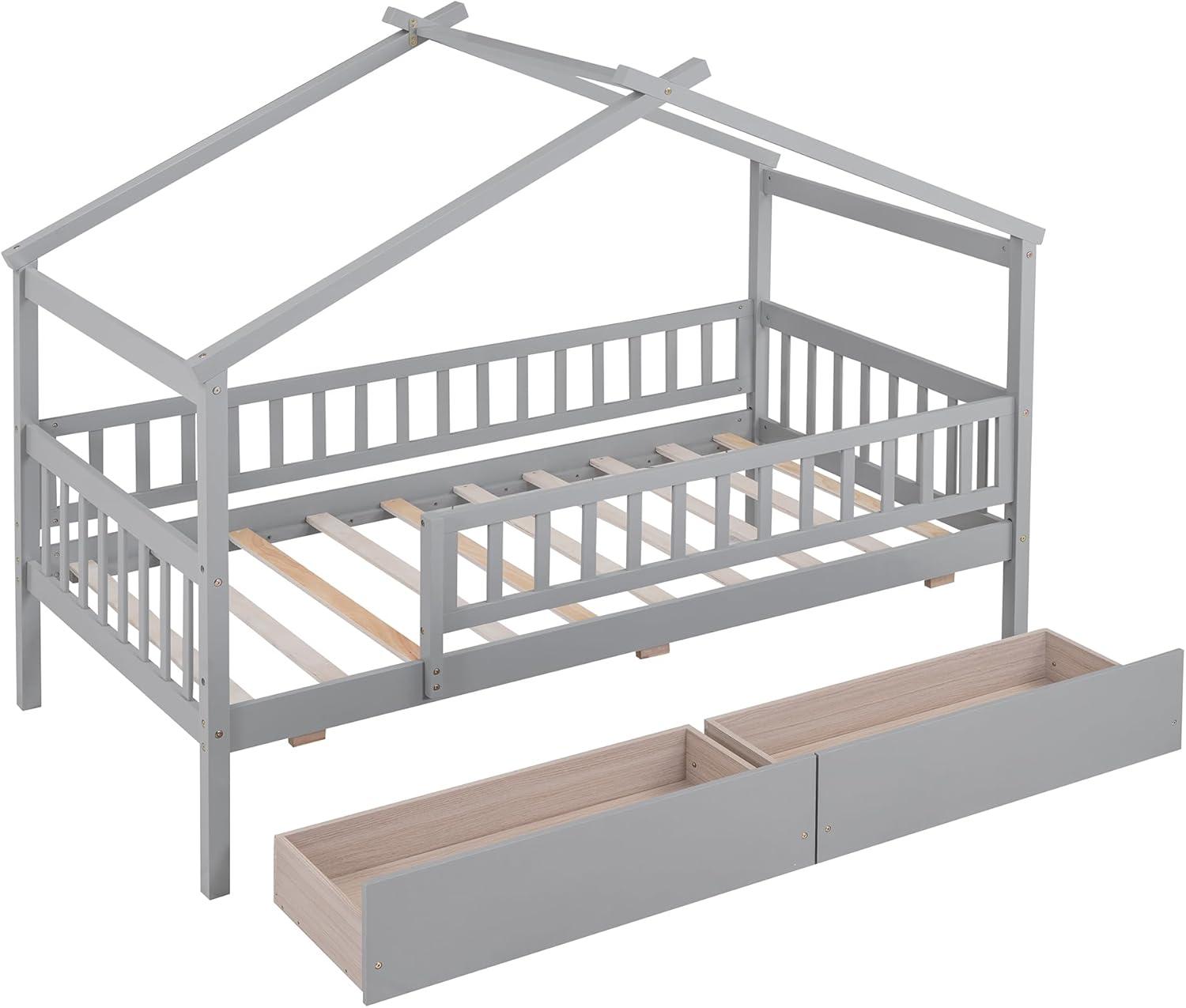 Twin House Bed with 2 Storage Drawers, Kids Twin Bed Frame with Rails and Roof, Tent Bed, Wooden Twin Daybed, Twin Montessori Bed for Kids Teens Girls & Boys, No Box Spring Needed (Gray)