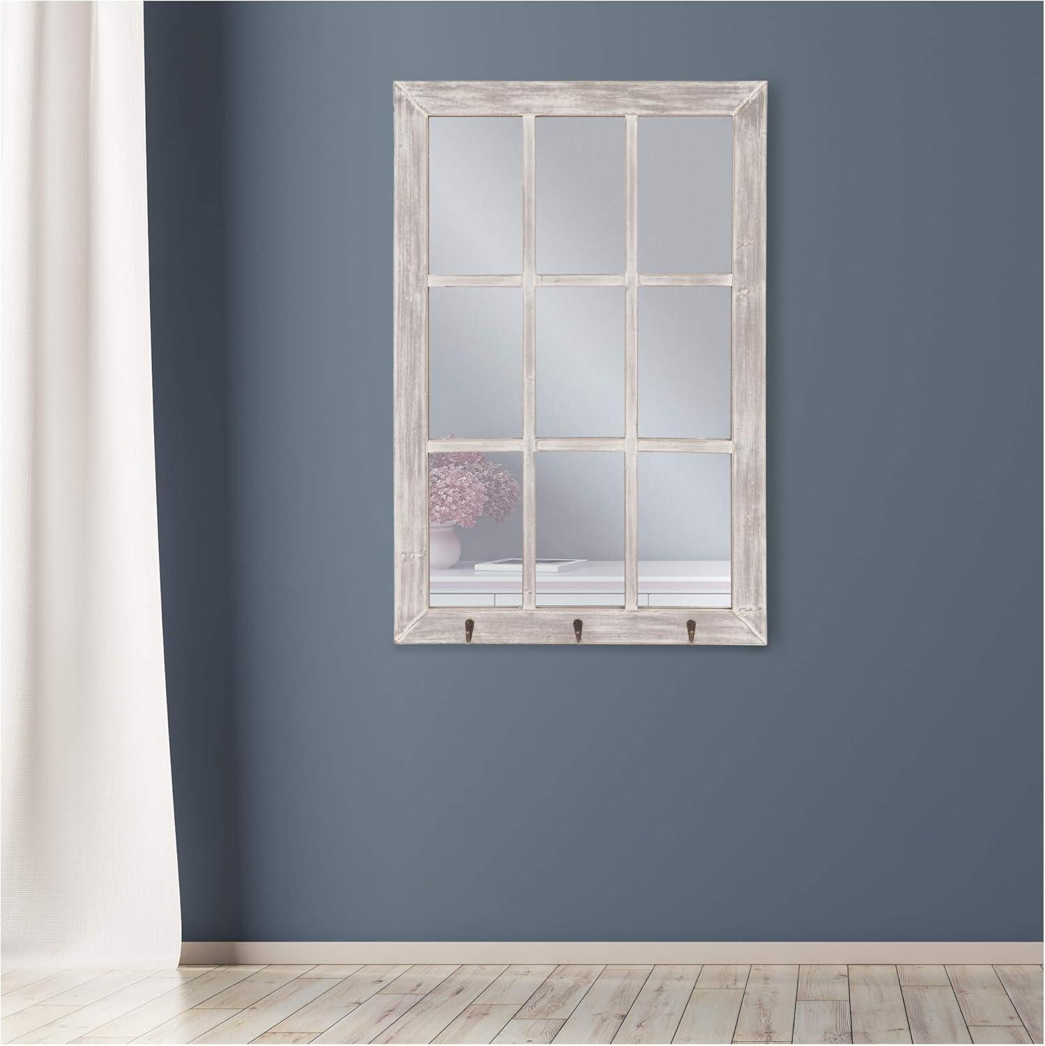 Distressed White Rectangular Wood Windowpane Wall Mirror with Hooks