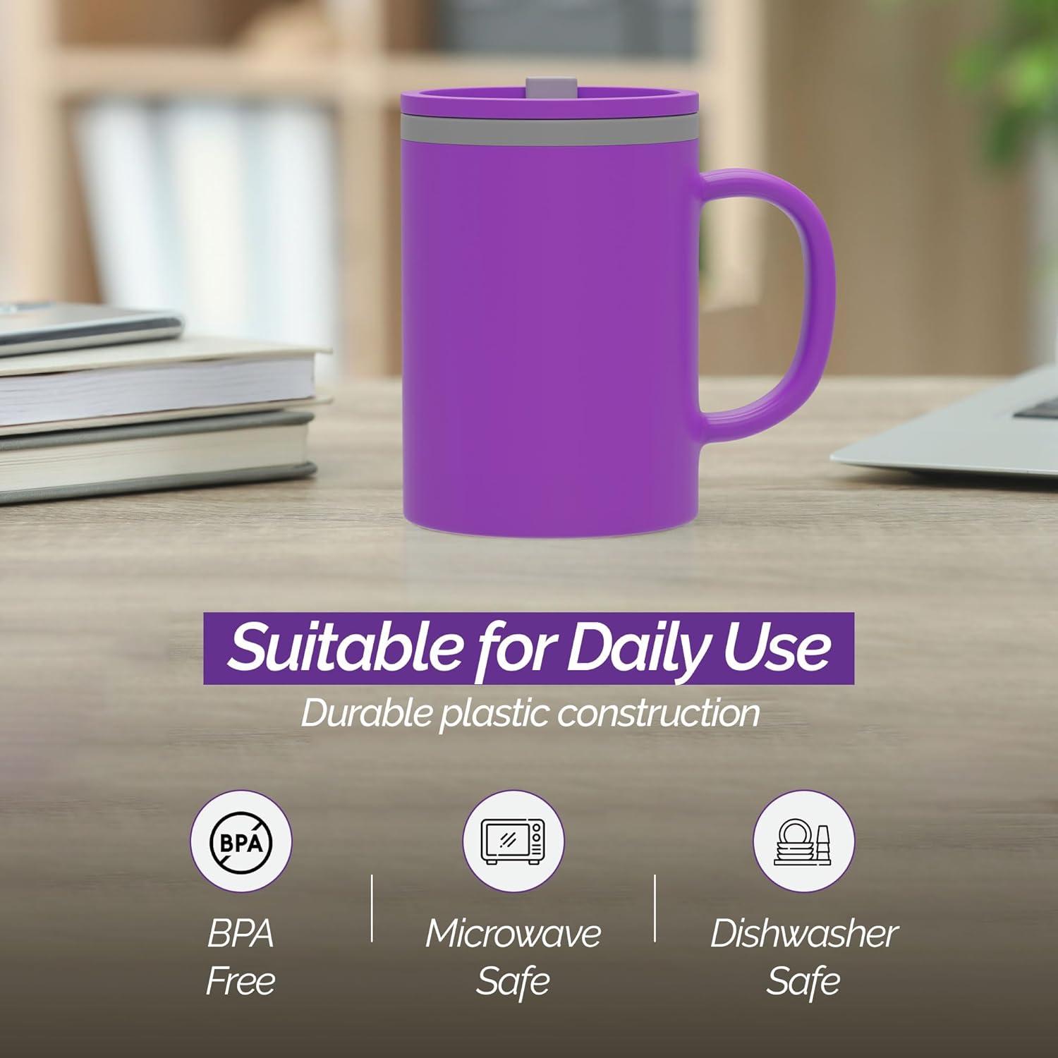 Copco Iconic 16oz Double Wall Insulated Desk Mug with Lid & Handle, Set of 2, BPA-Free Reusable Plastic, Spill-Proof, Wide Mouth (Purple/Light Purple)