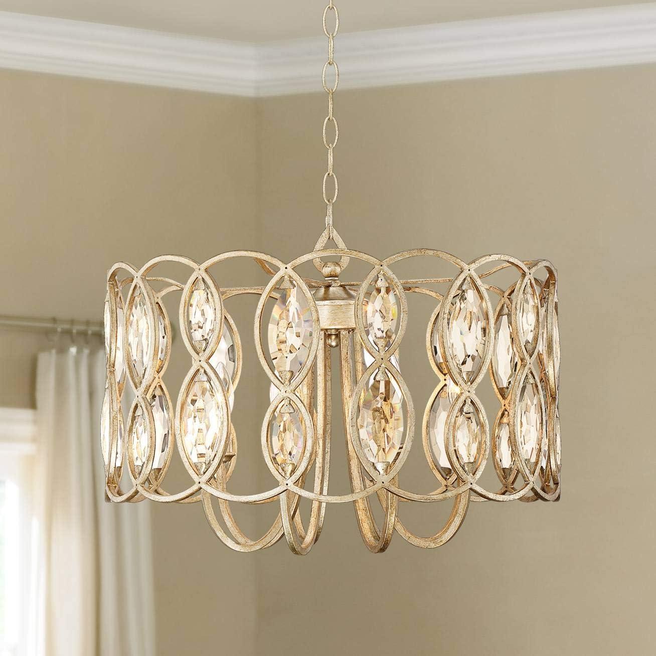 Bellmont Silver Leaf Drum Pendant Chandelier with Clear Crystal Accents