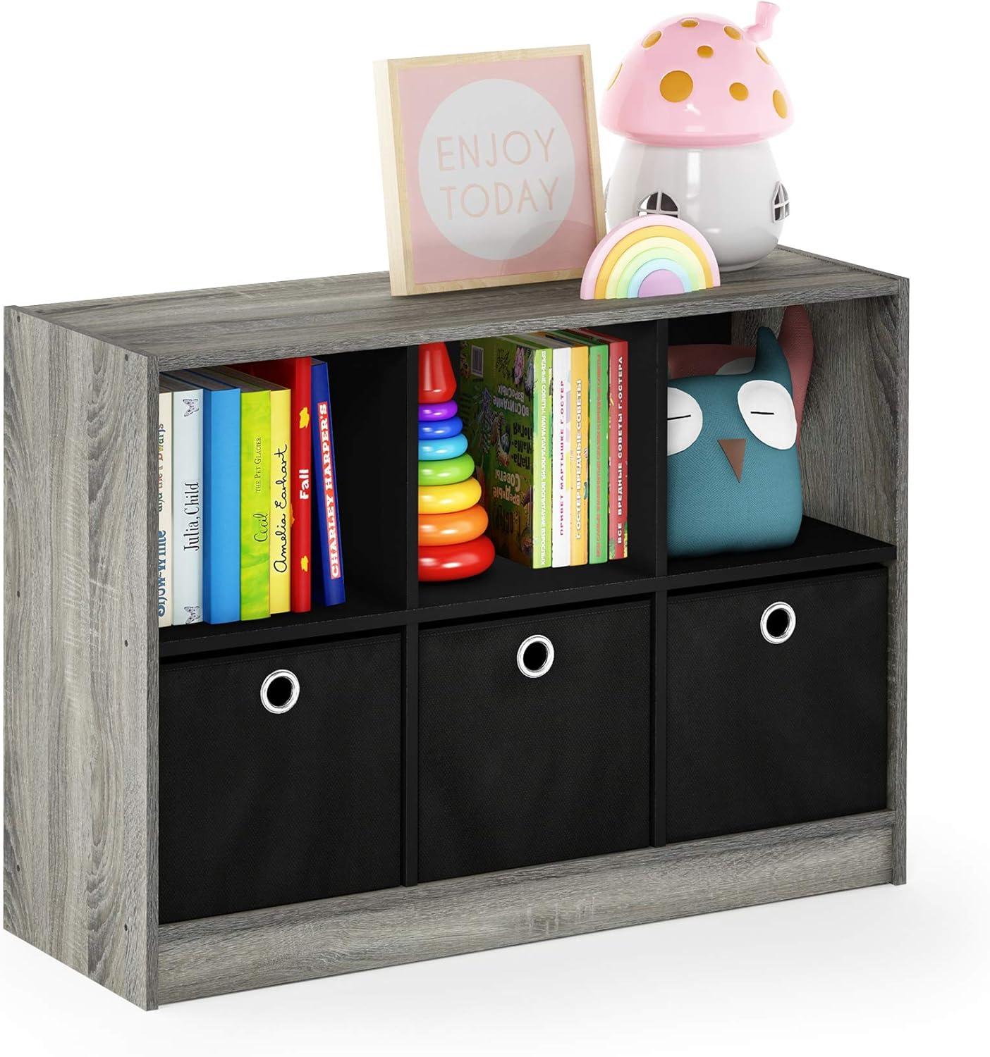 Furinno Basic 3x2 Bookcase Storage with Bins, French Oak/Black