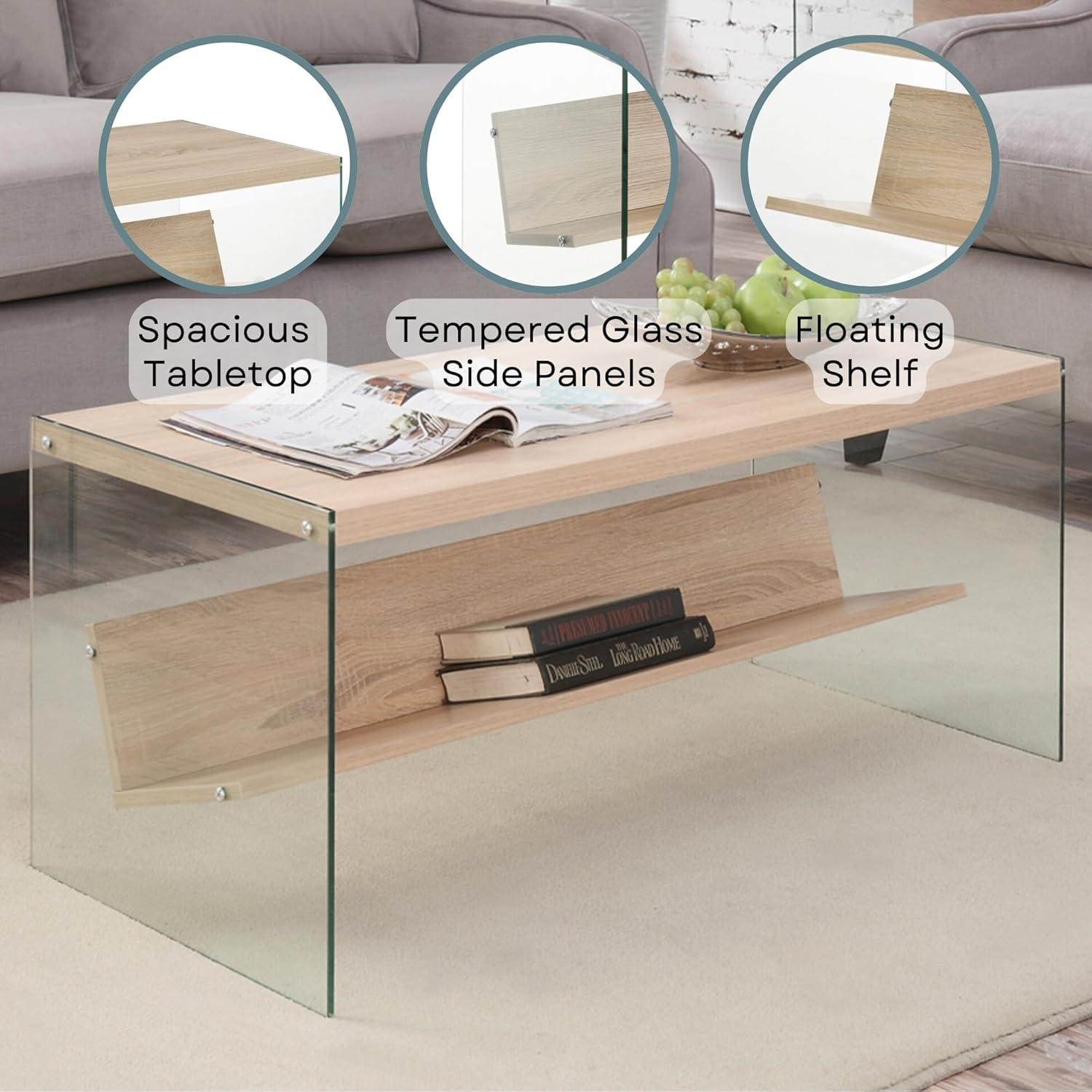 Convenience Concepts SoHo Glass Coffee Table with Shelf, Weathered White/Glass