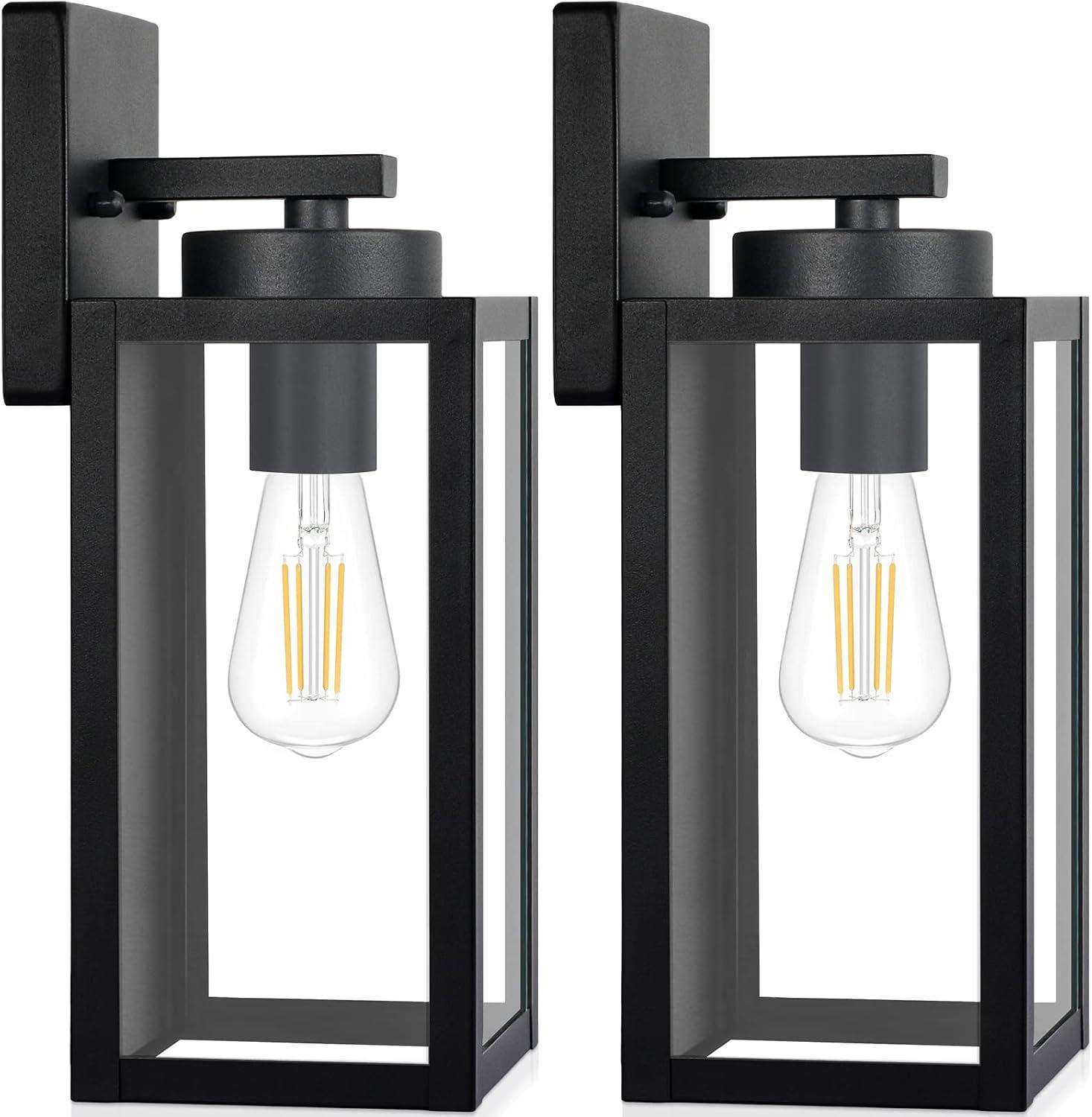 Outdoor Wall Light Fixtures, Exterior Waterproof Lanterns, Porch Sconces Wall Mounted Lighting With E26 Sockets & Glass Shades, Modern Matte Black Wall Lamps For Patio Front Door Entryway, 2-Pack