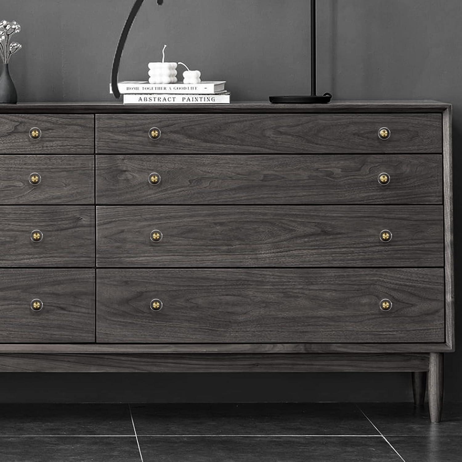 12-Pack 1-1/4-Inch White Cabinet Glass Crystal Brass knobs Brass Drawer Round Knobs Dresser Pulls, Gold Hardware Kitchen Closet knobs for Bifold Doors