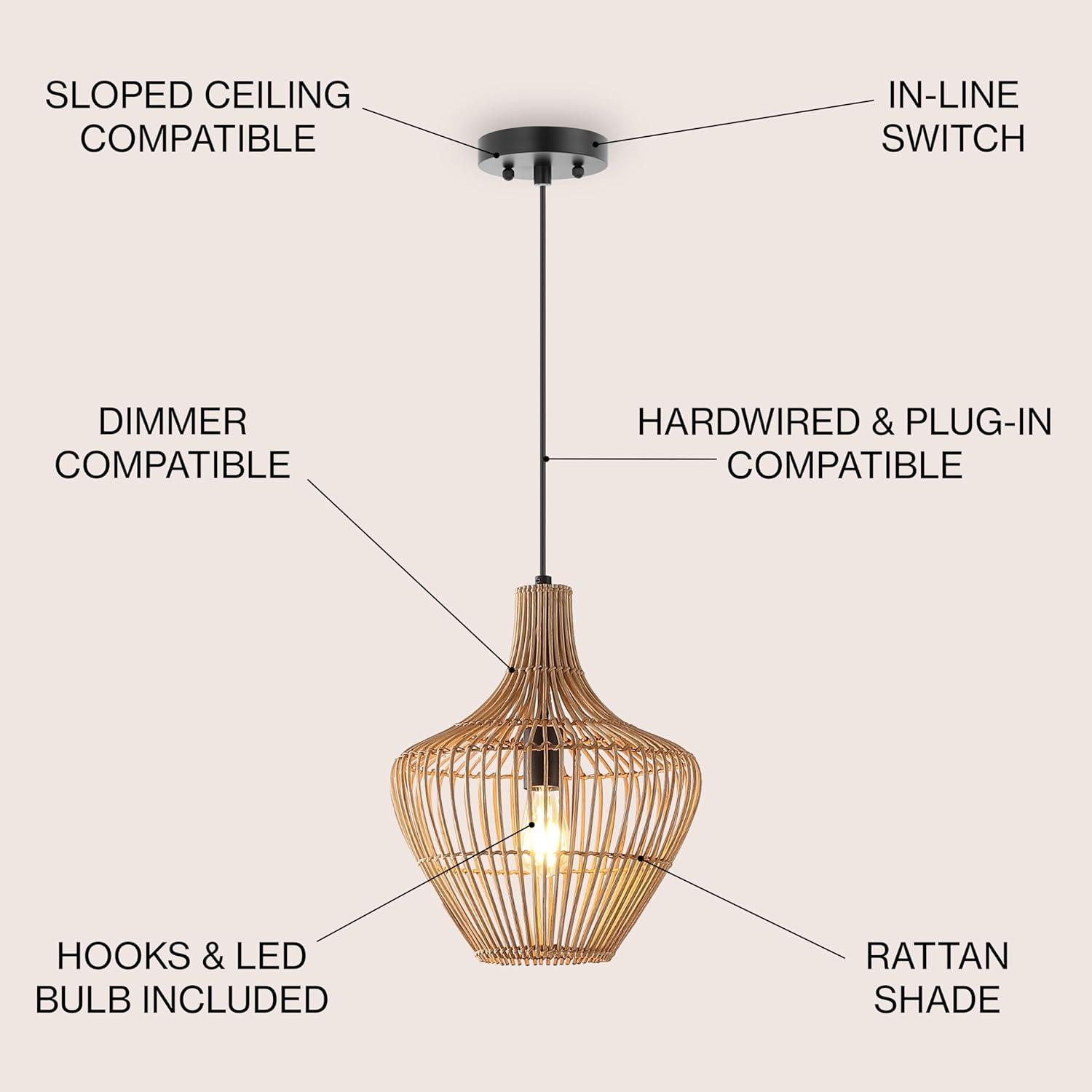 Lucas 13" 1-Light Farmhouse Coastal Rattan 180" Cord Plug-In or Hardwired LED Pendant, Brown