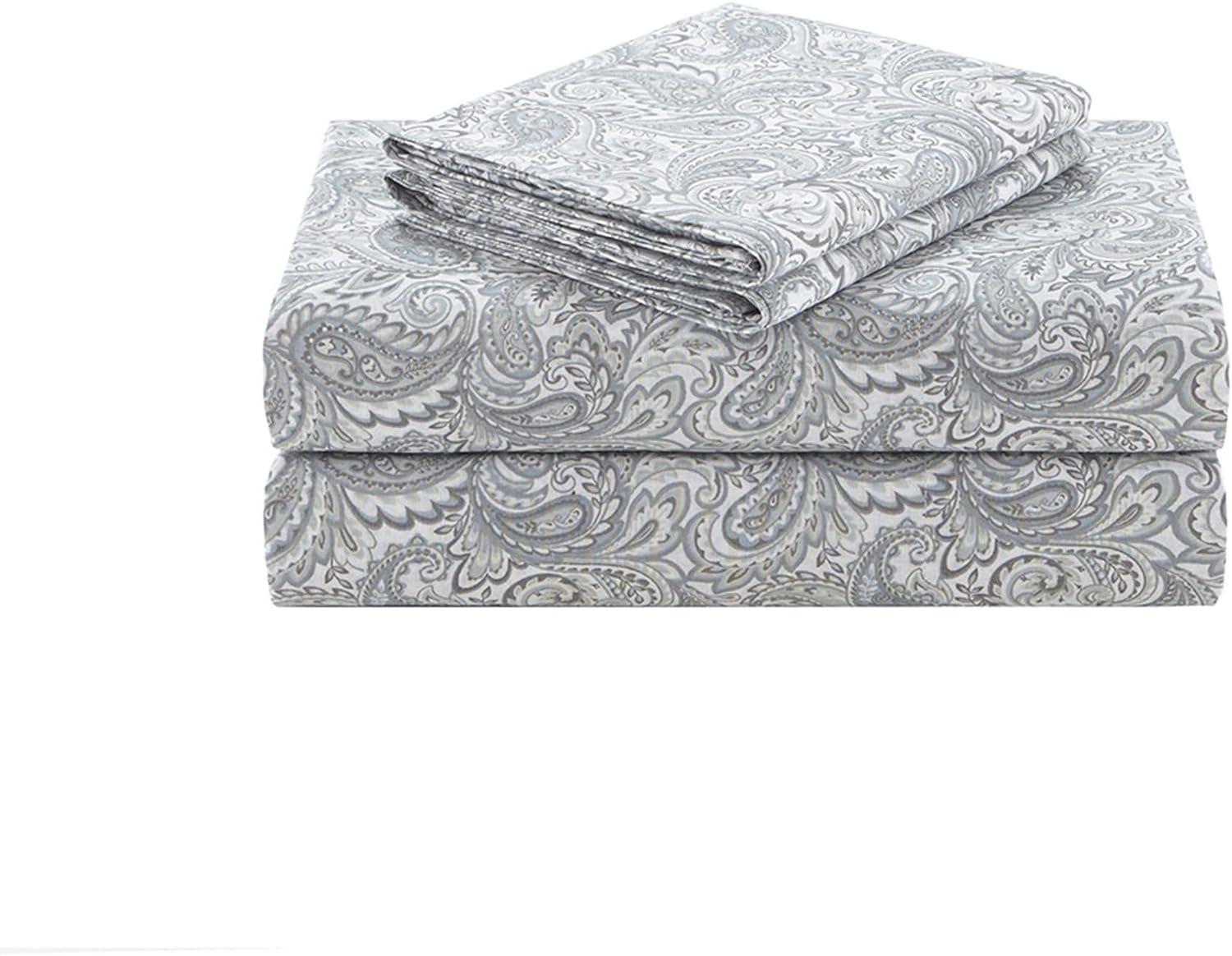 Gray Paisley Cotton Percale Queen Sheet Set with Deep Pockets