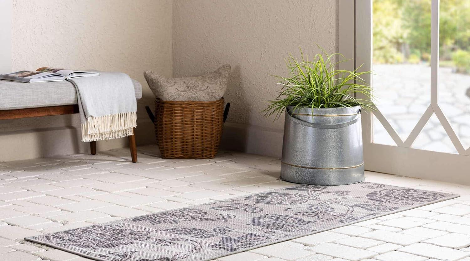 Reversible Gray Outdoor Runner Rug with Botanical Design, Easy-Care Synthetic