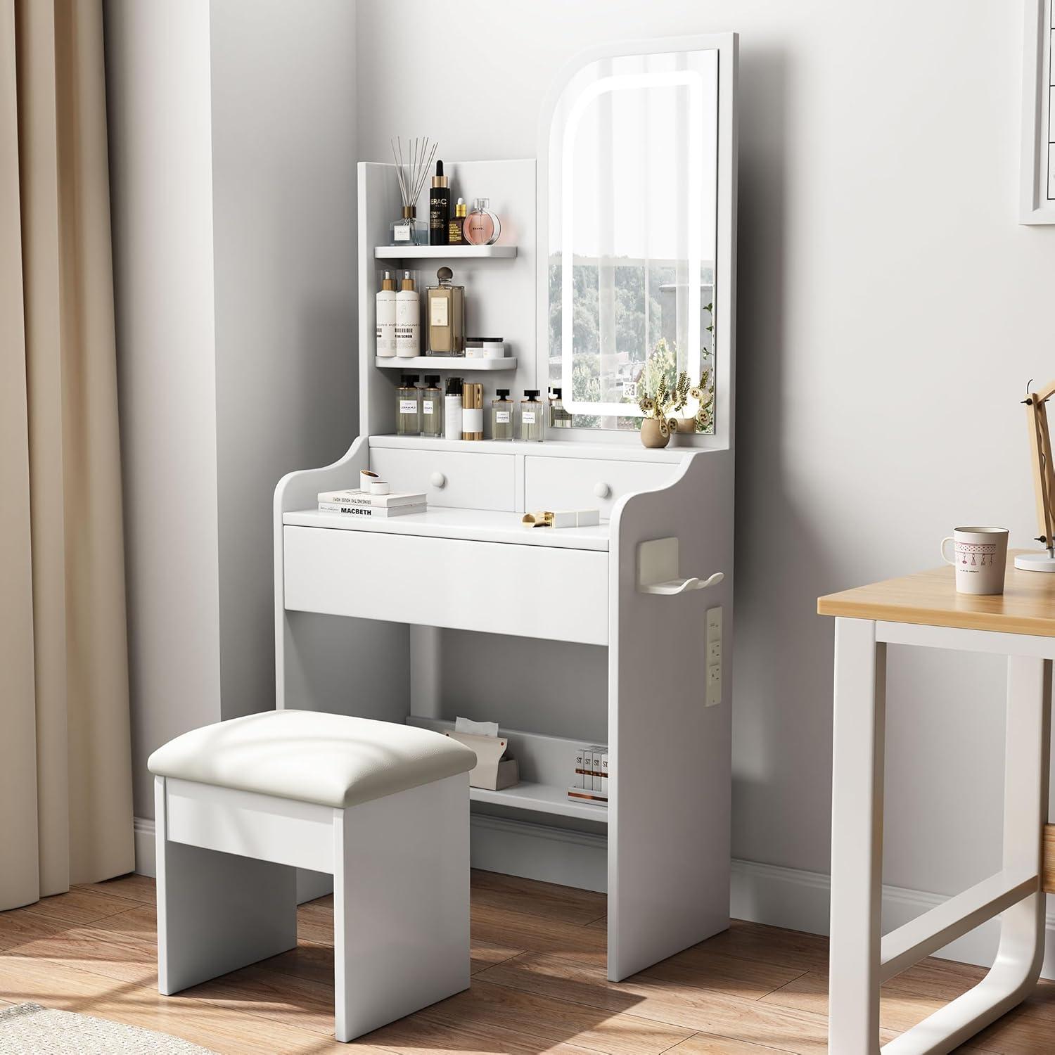Small Vanity Desk Set with Power Outlet, Mini White Makeup Vanity with Mirror and Lights, Cute Dressing Table with Stool for Small Space
