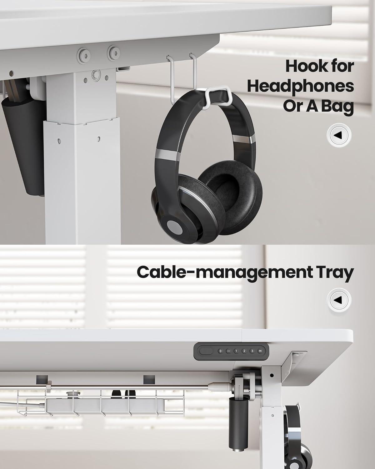 White Adjustable Height Standing Computer Desk with Headphone Hook