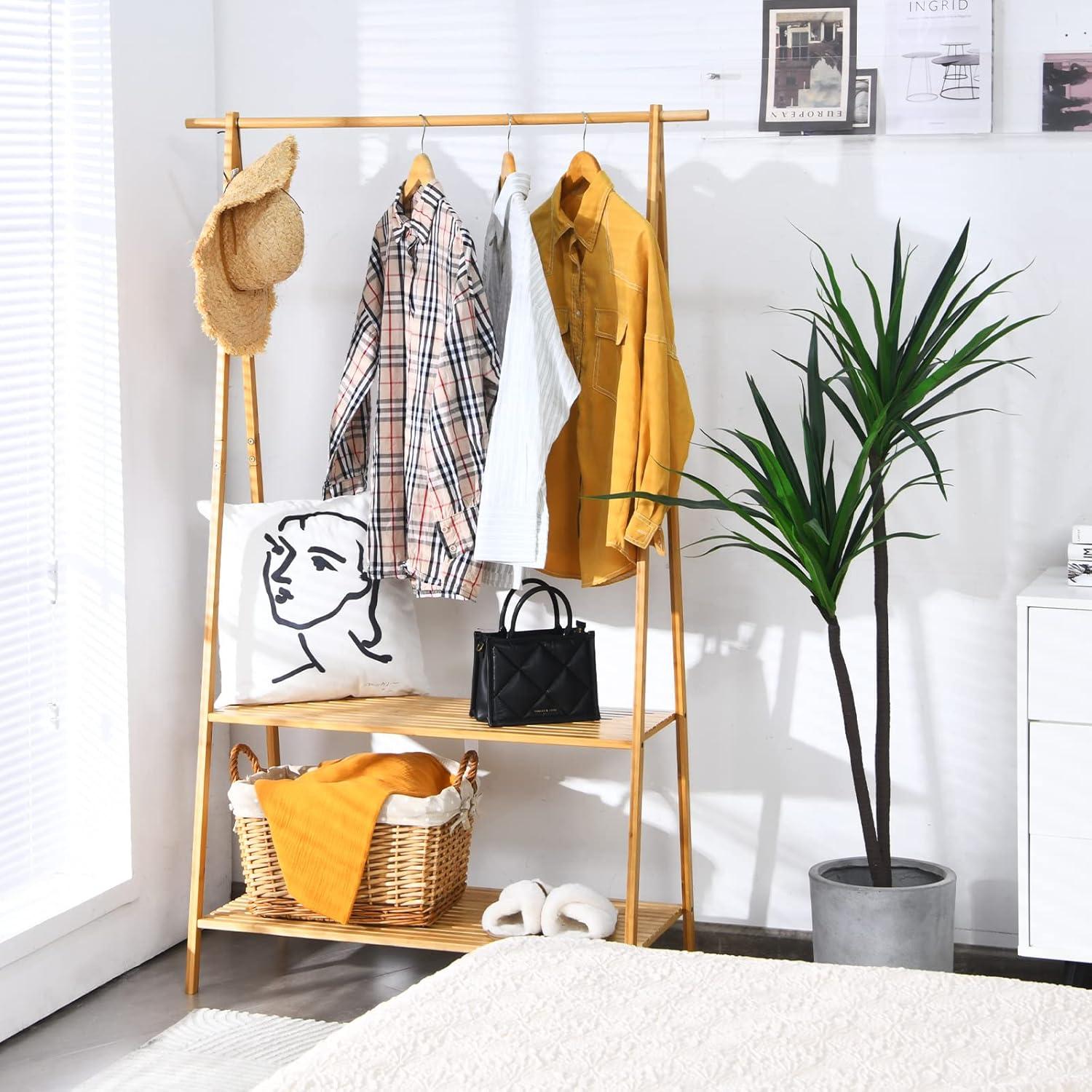 Natural Bamboo Freestanding Garment Rack with 2-Tier Shelves