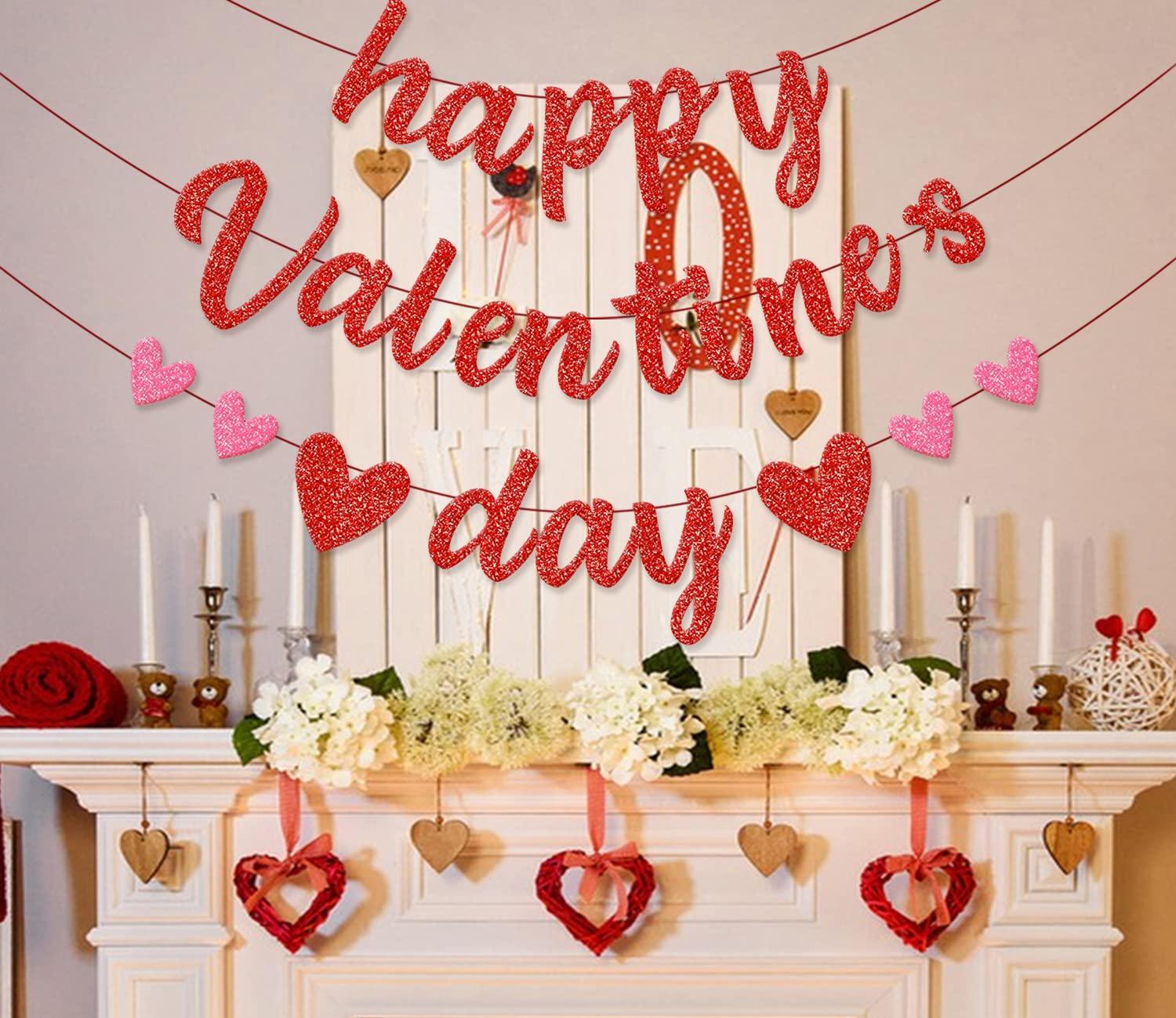 Glittery Heart Valentine's Day Banner, Red & Pink Sparkling Hollow Heart Shape DIY Paper Banner for Wedding Decoration