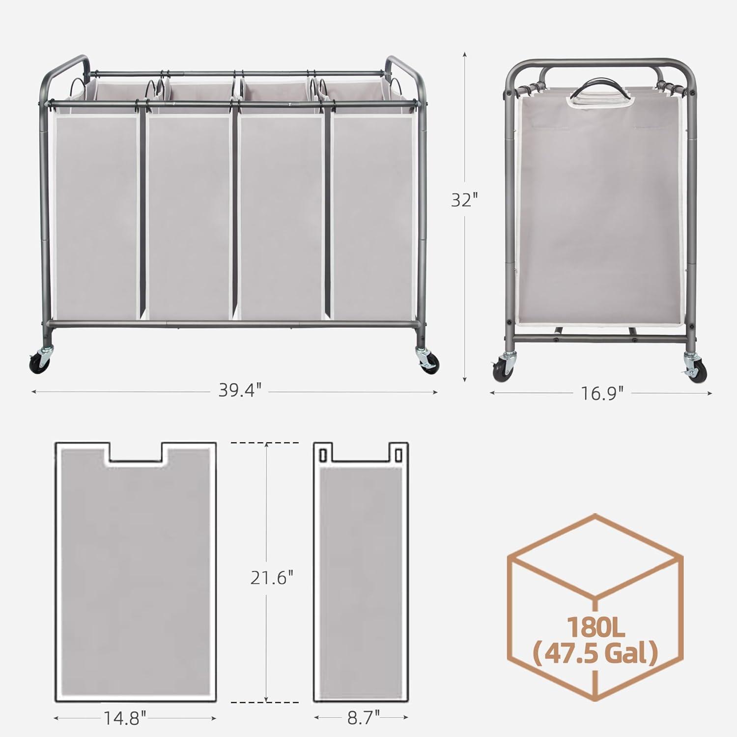 Gray 4-Bag Laundry Sorter with Wheels and Metal Frame