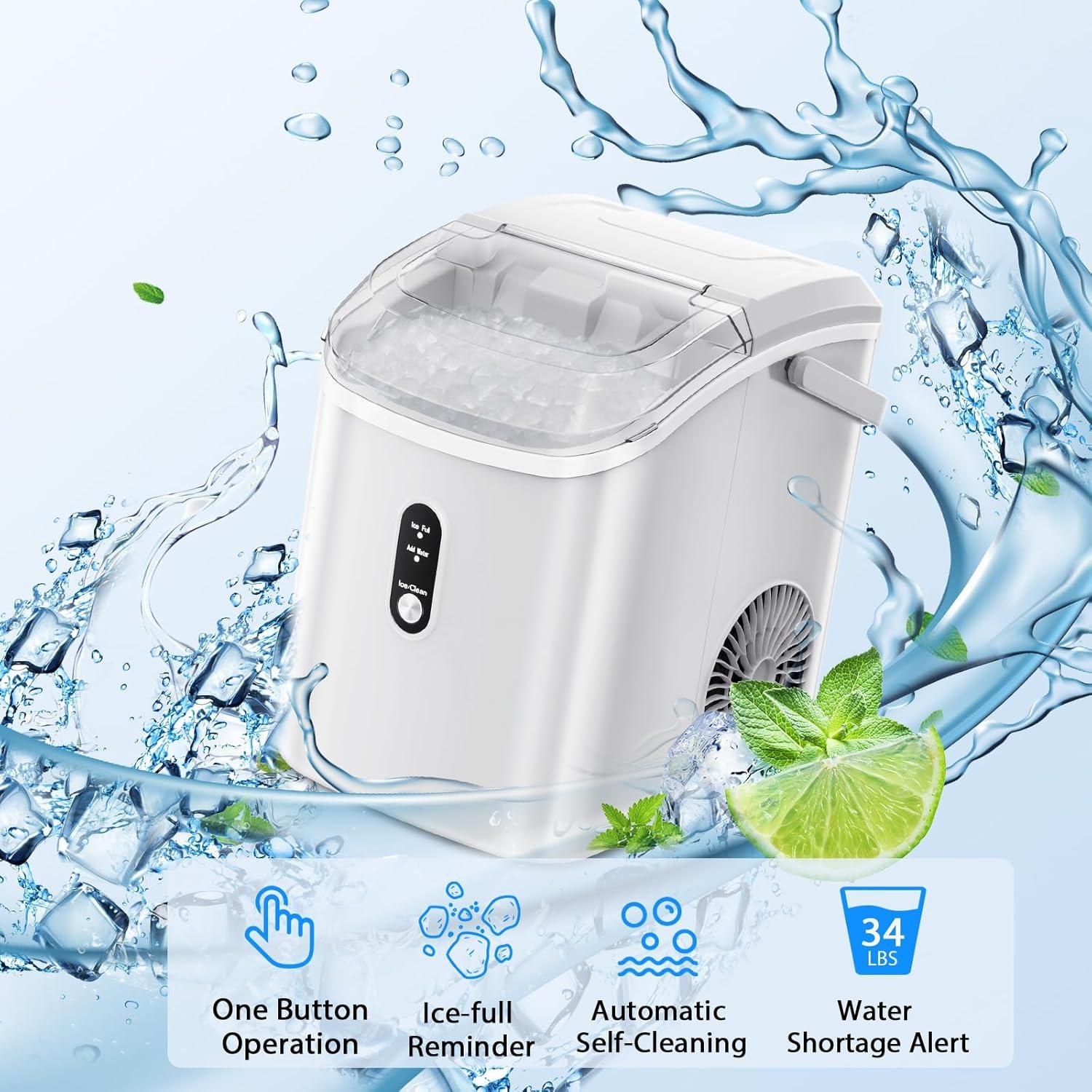 White Portable Countertop Nugget Ice Maker with Self-Cleaning