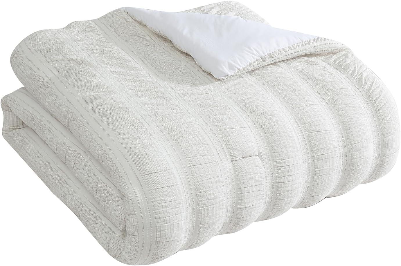 Full White Cotton Seersucker Comforter Set with Pillow Shams