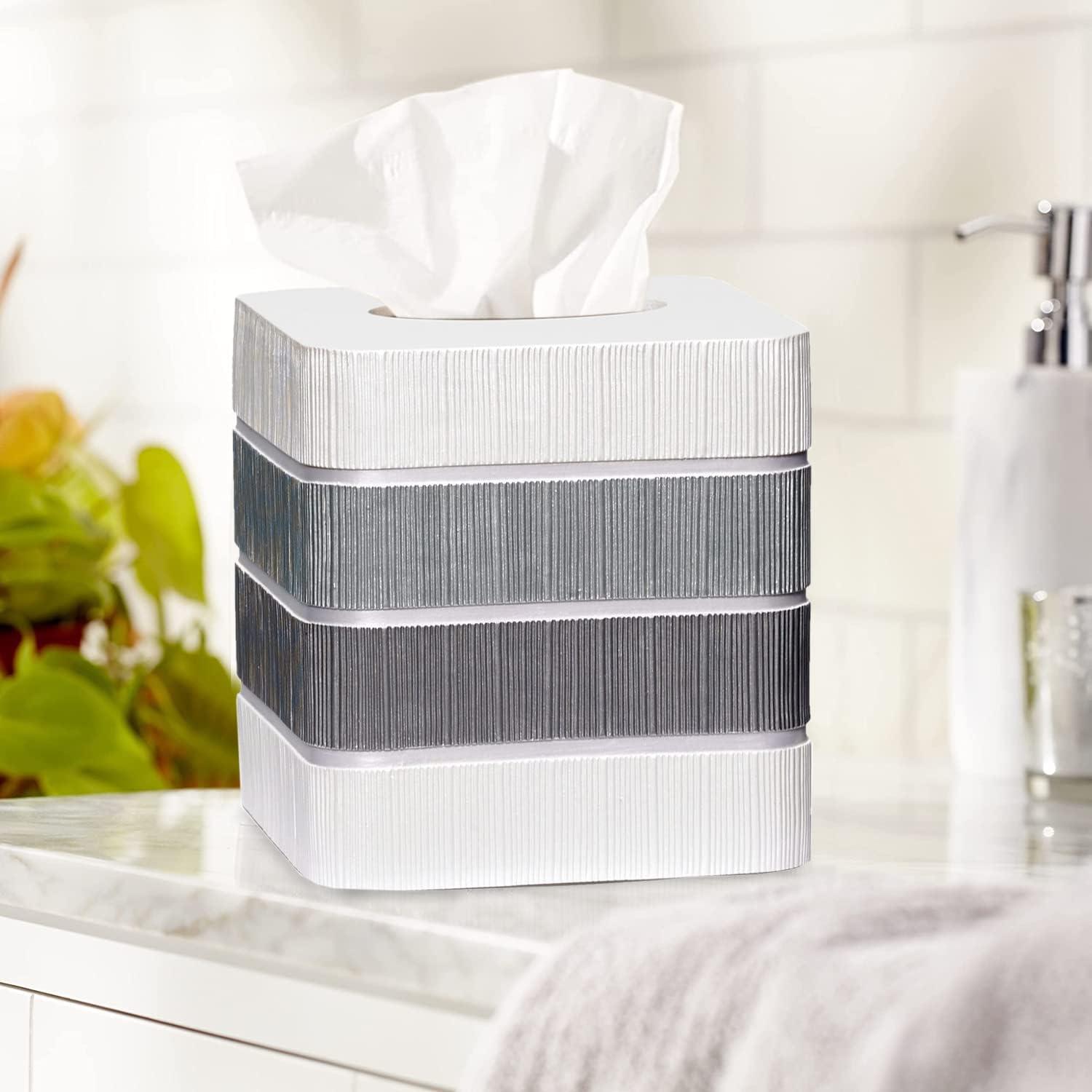 Modern Gray and White Ribbed Ceramic Tissue Box