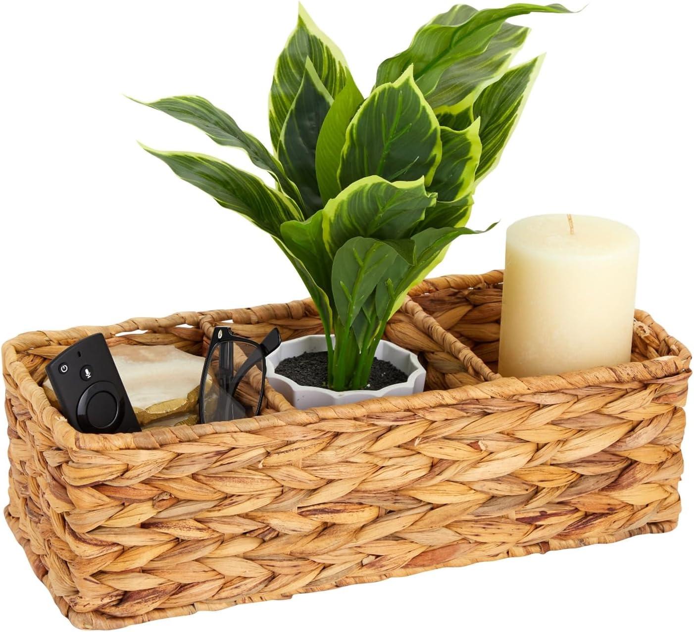 Farmlyn Creek 3-Section Wicker Baskets for Shelves, Water Hyacinth Storage Baskets for Bathroom Organizing, 2-Pack