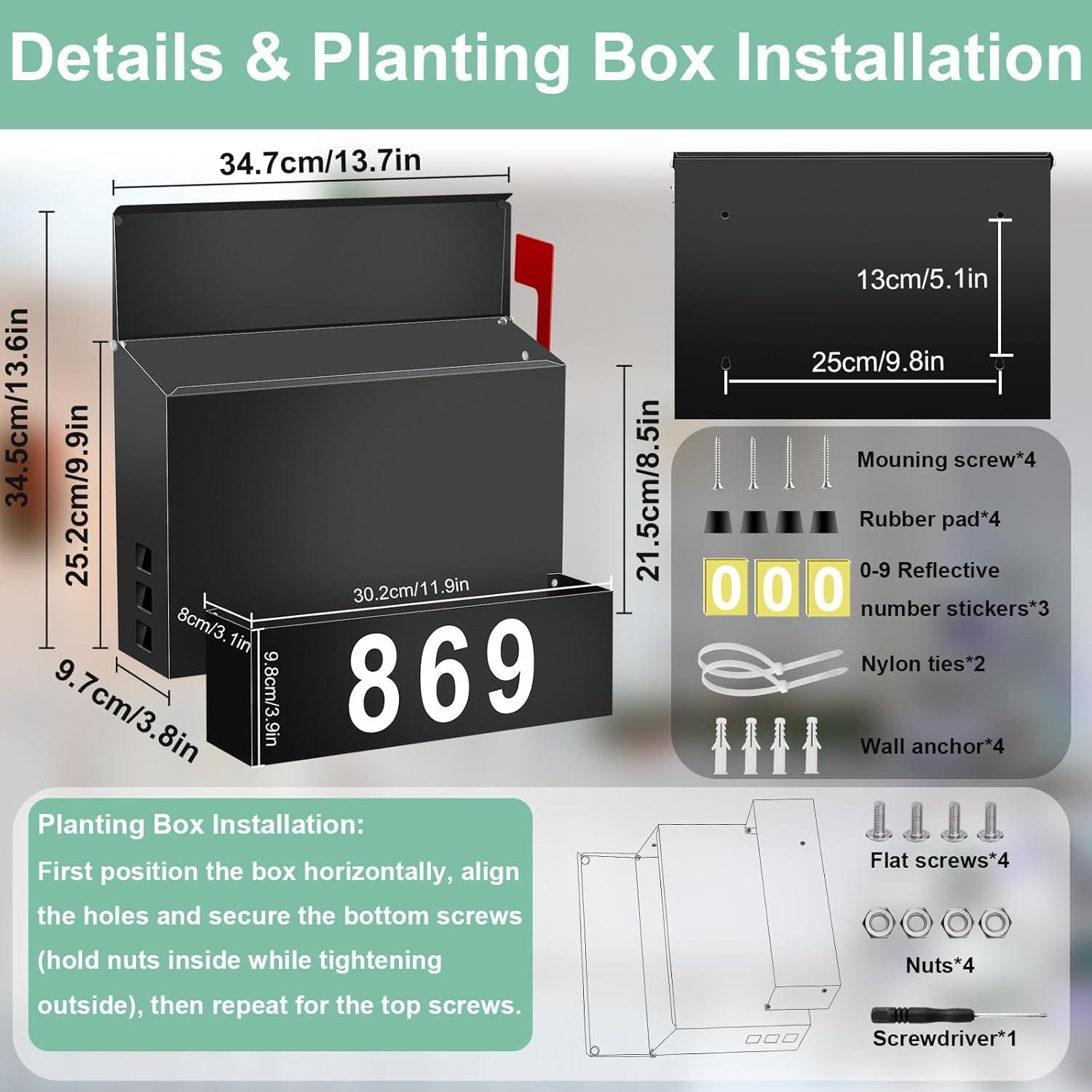 RIZPET Wall-Mount Mailbox With Flag, Large Capacity Mailboxes For Outside House With Planter & 3 Sets Of 0-9 Mailbox Number Stickers, Galvanized Steel Rust-Proof Post Box Metal Mail Box, 9.8"H