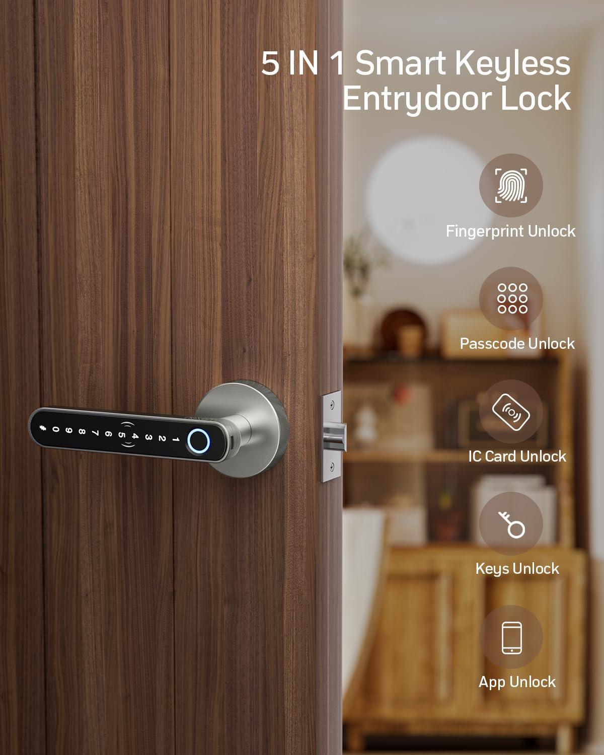 Smart Door Lock Fingerprint, Keyless Entry Door Lock With Handle, APP/IC Cards/Codes/Keys/Fingerprints Biometric Electronic Keyless Entry Lock For Bedroom Home Hotel Office