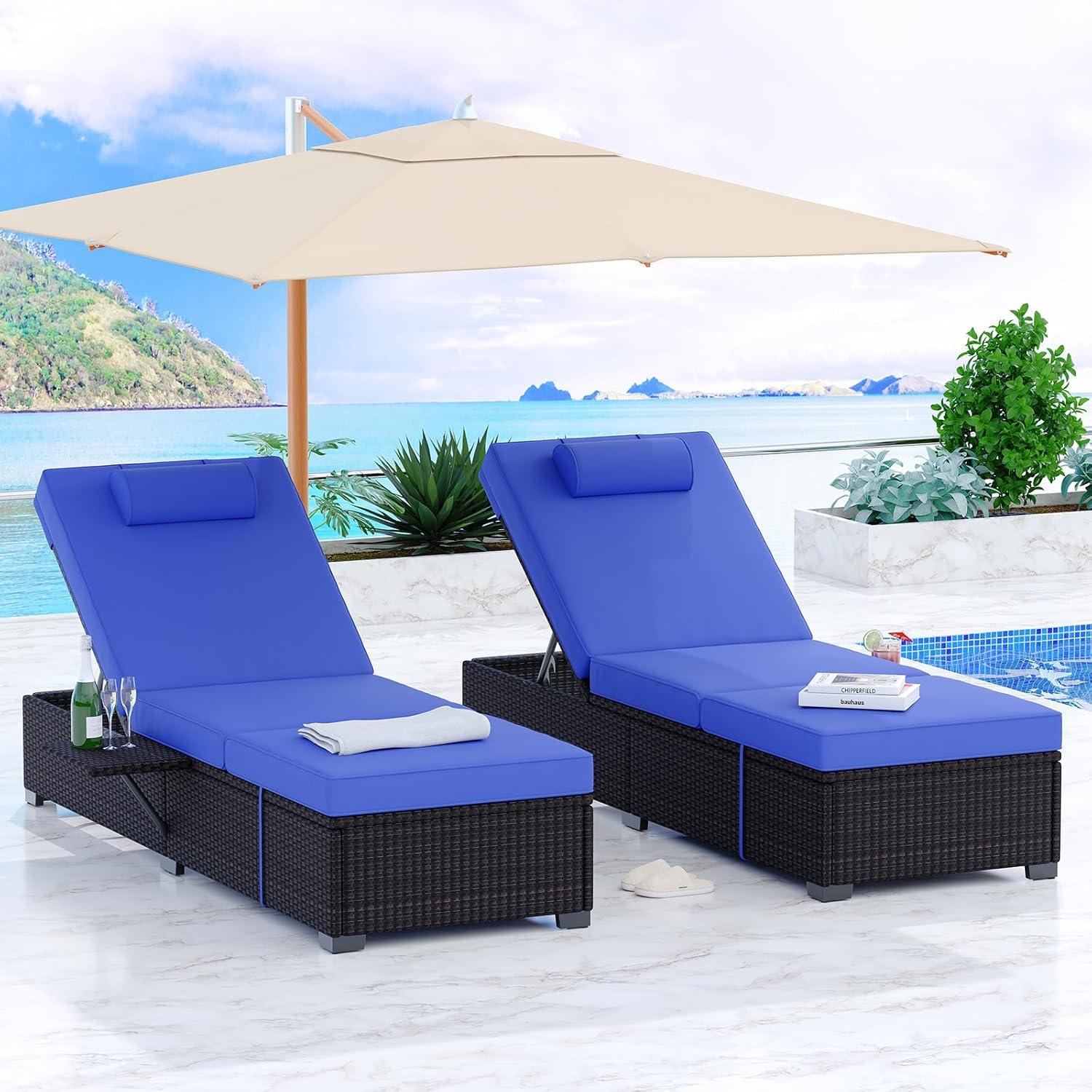 Lounge Chairs Outdoor Set of 2, PE Rattan Chaise Lounge Chair with 5-Position Adjustable Backrest for Patio Beach Pool Deck Backyard, Beige