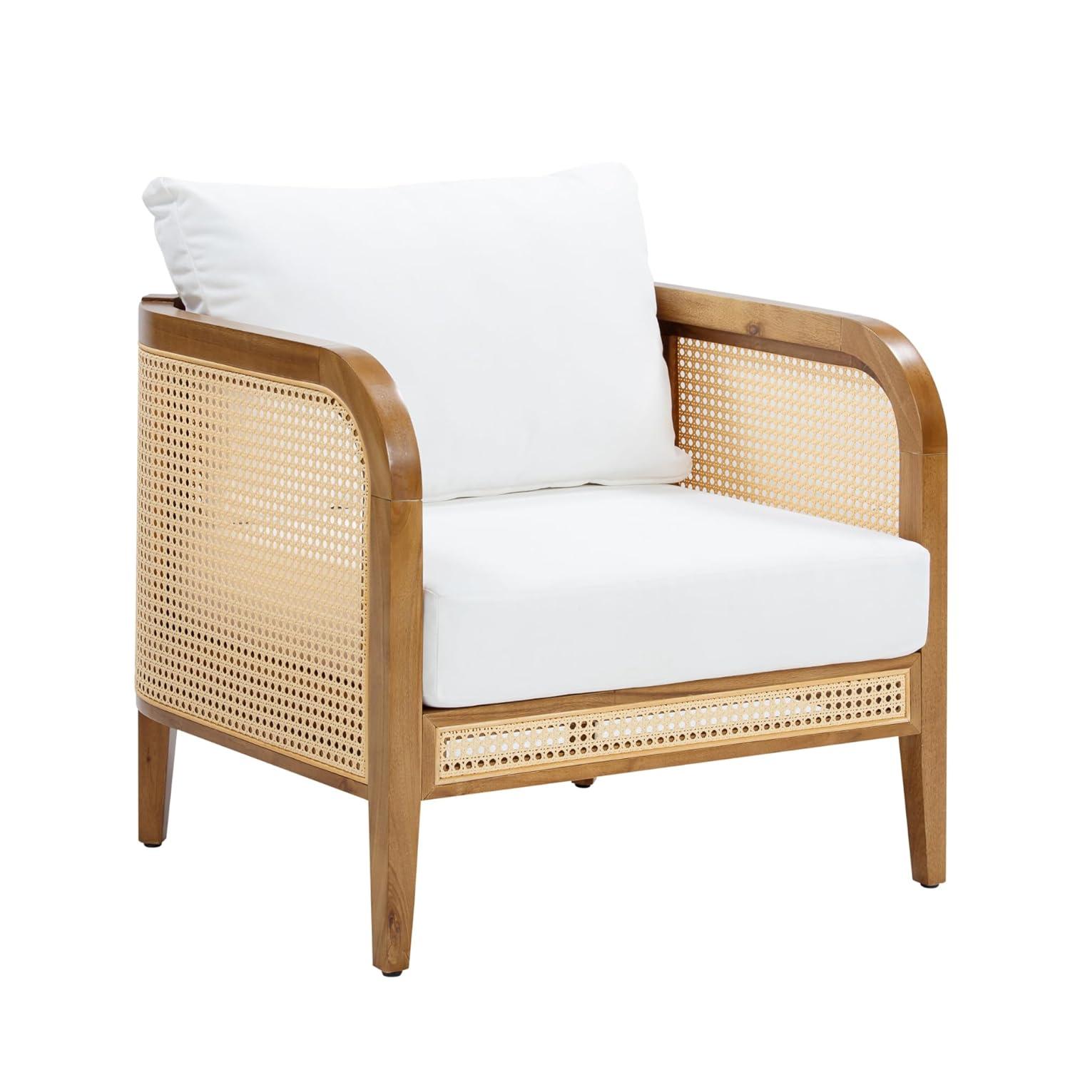 Bohemian Cushioned Patio Chair, White Outdoor Lounge Chair With Solid Wood Frame