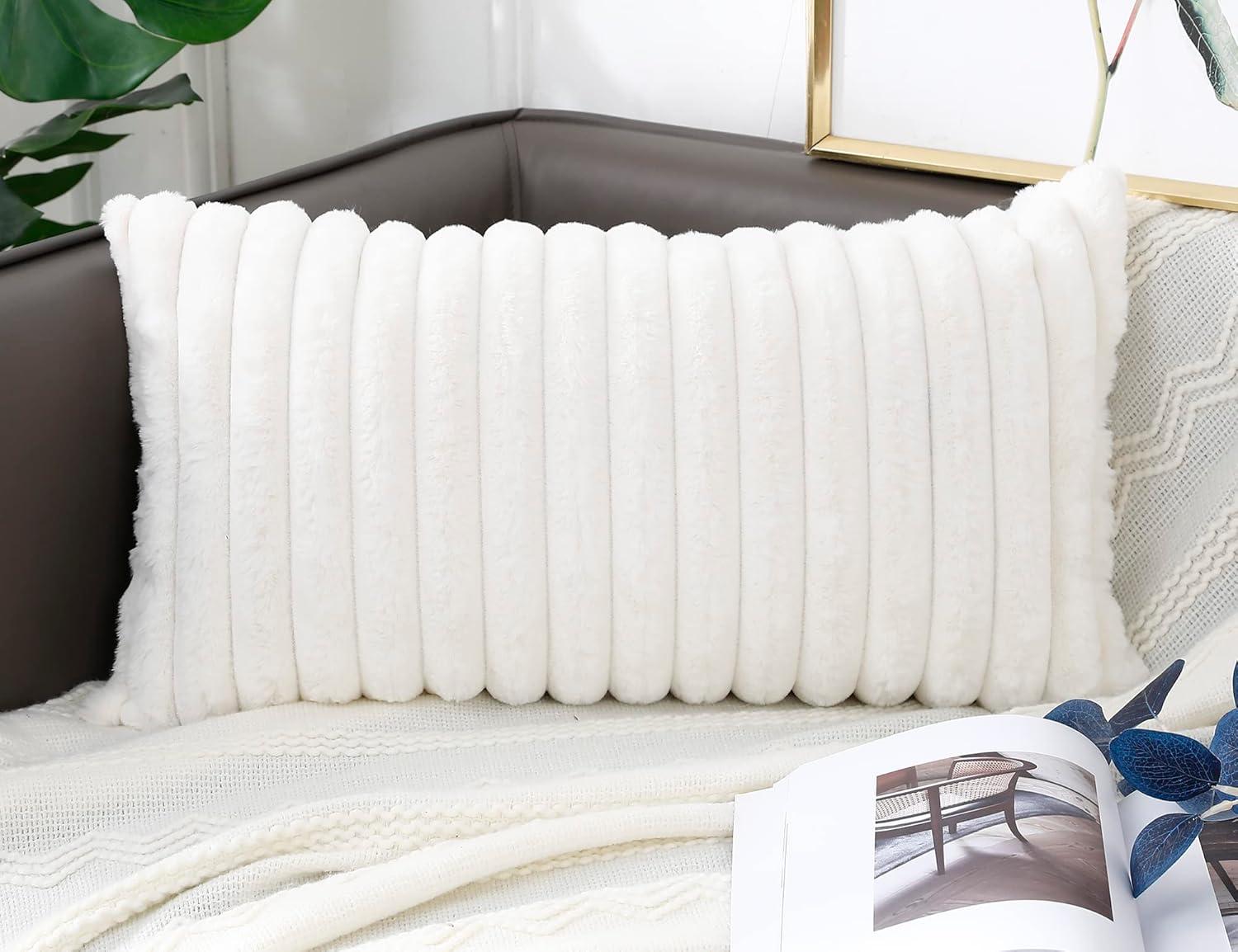 PANOD Faux Fur Decorative Lumbar Throw Pillow Covers 12 x 24,Long Boho Lumbar Pillow Covers Pillow Case Cushion Case for Bed Sofa Farmhouse Livingroom,White