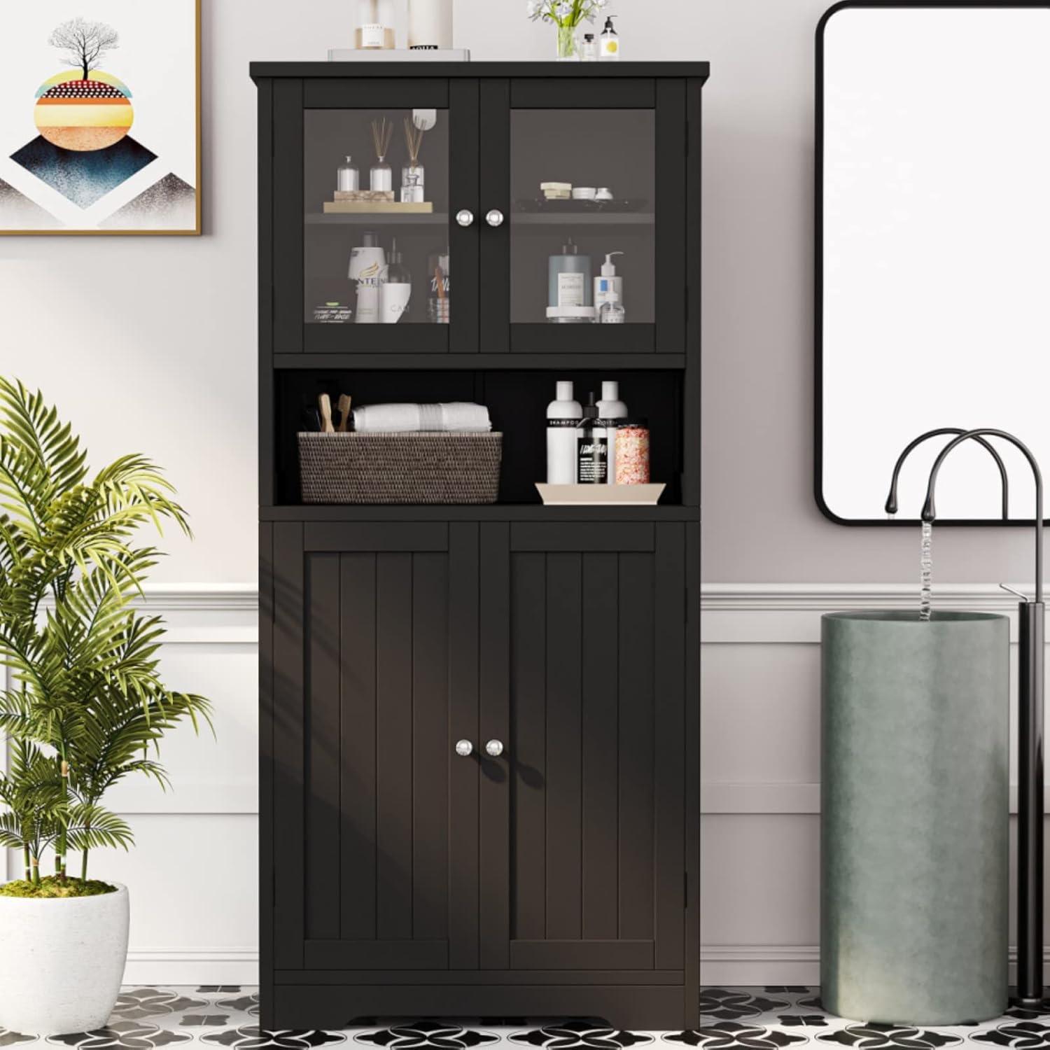 Black MDF Bathroom Floor Cabinet with Adjustable Shelving