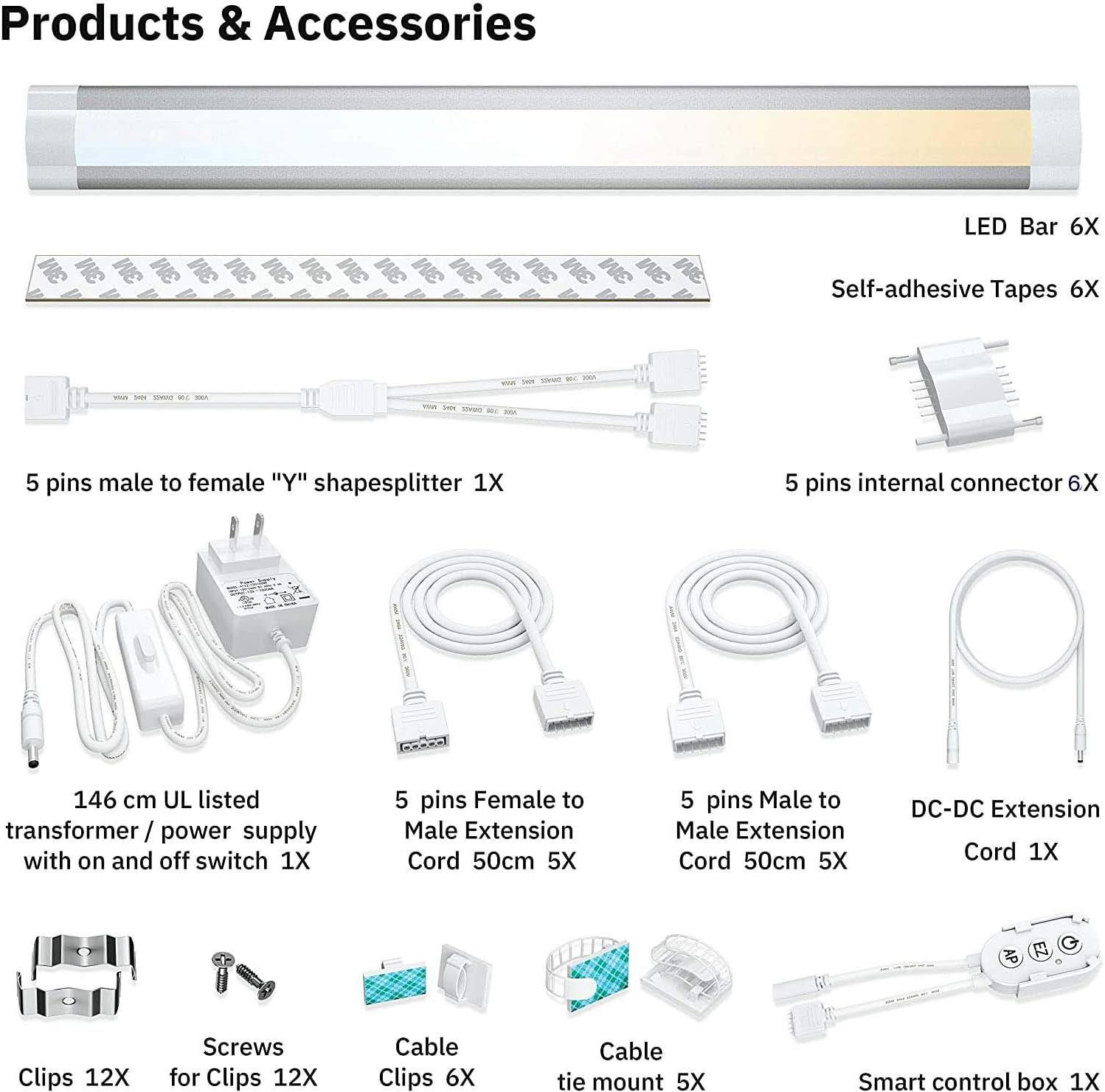 Smart Under Cabinet Lighting Kit with App and Voice Control, 6 Light Bars